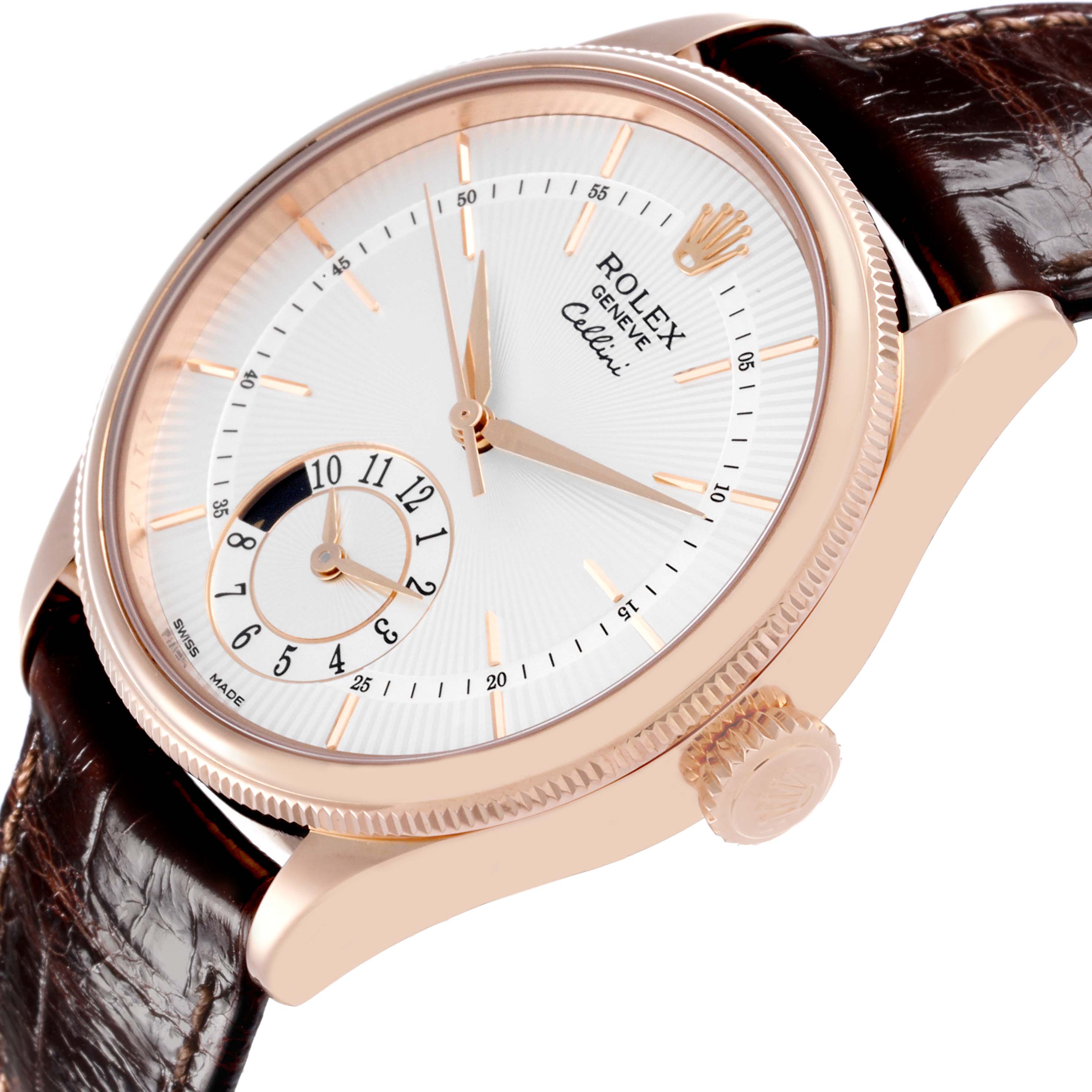 The Rolex Cellini 50525 Men's Rose Gold Silver Dial 50525 Men's Rose Gold Silver Dial watch is shown at an angle highlighting the dial, crown, and leather strap.