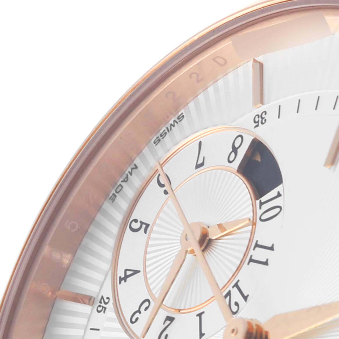 The image shows a partial view of the Rolex Cellini 50525 Men's Rose Gold Silver Dial 50525 Men's Rose Gold Silver Dial watch face, focusing on the rose gold bezel and some dial details.