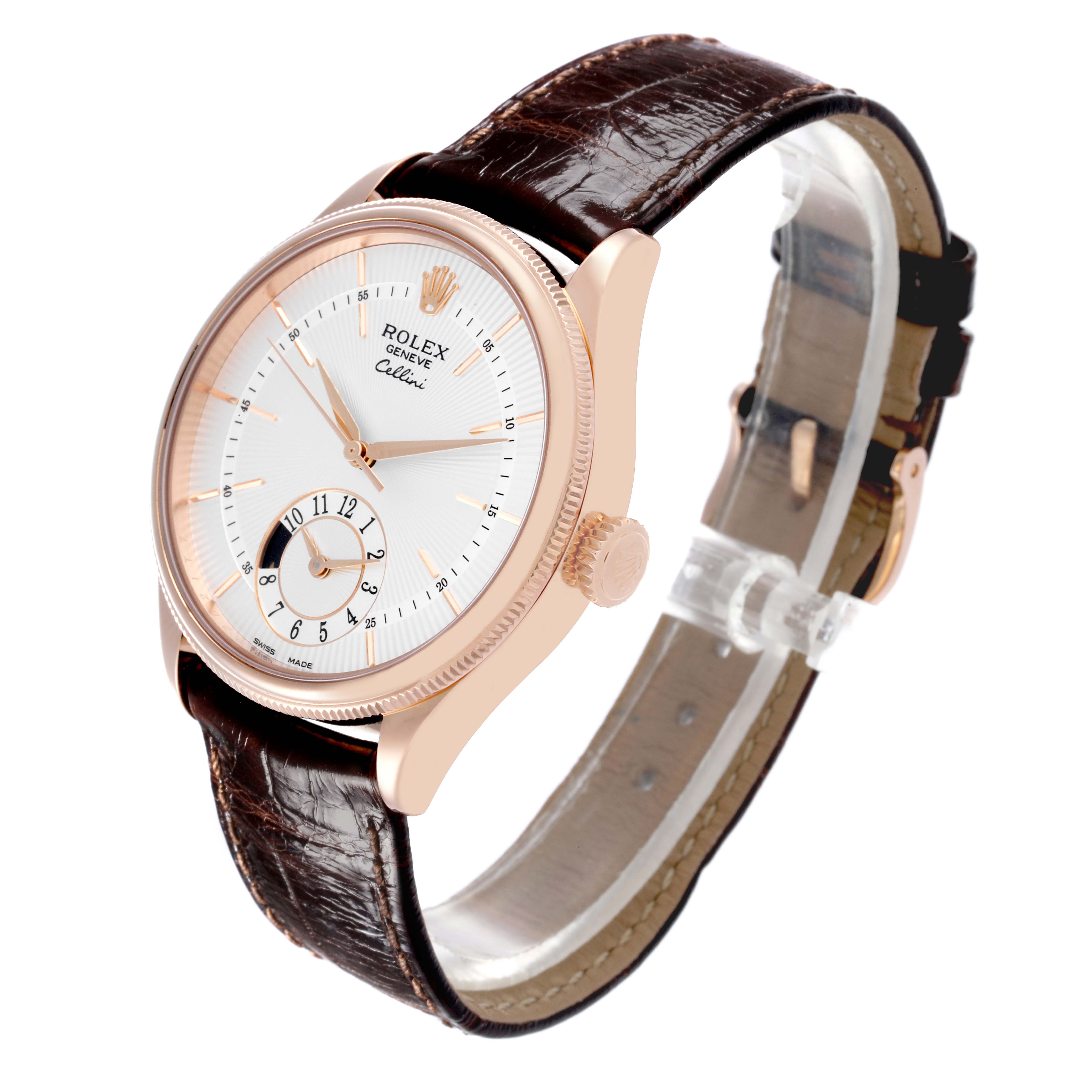 The Rolex Cellini 50525 Men's Rose Gold Silver Dial 50525 Men's Rose Gold Silver Dial watch is shown at a three-quarter angle, displaying the face, crown, and brown leather strap.