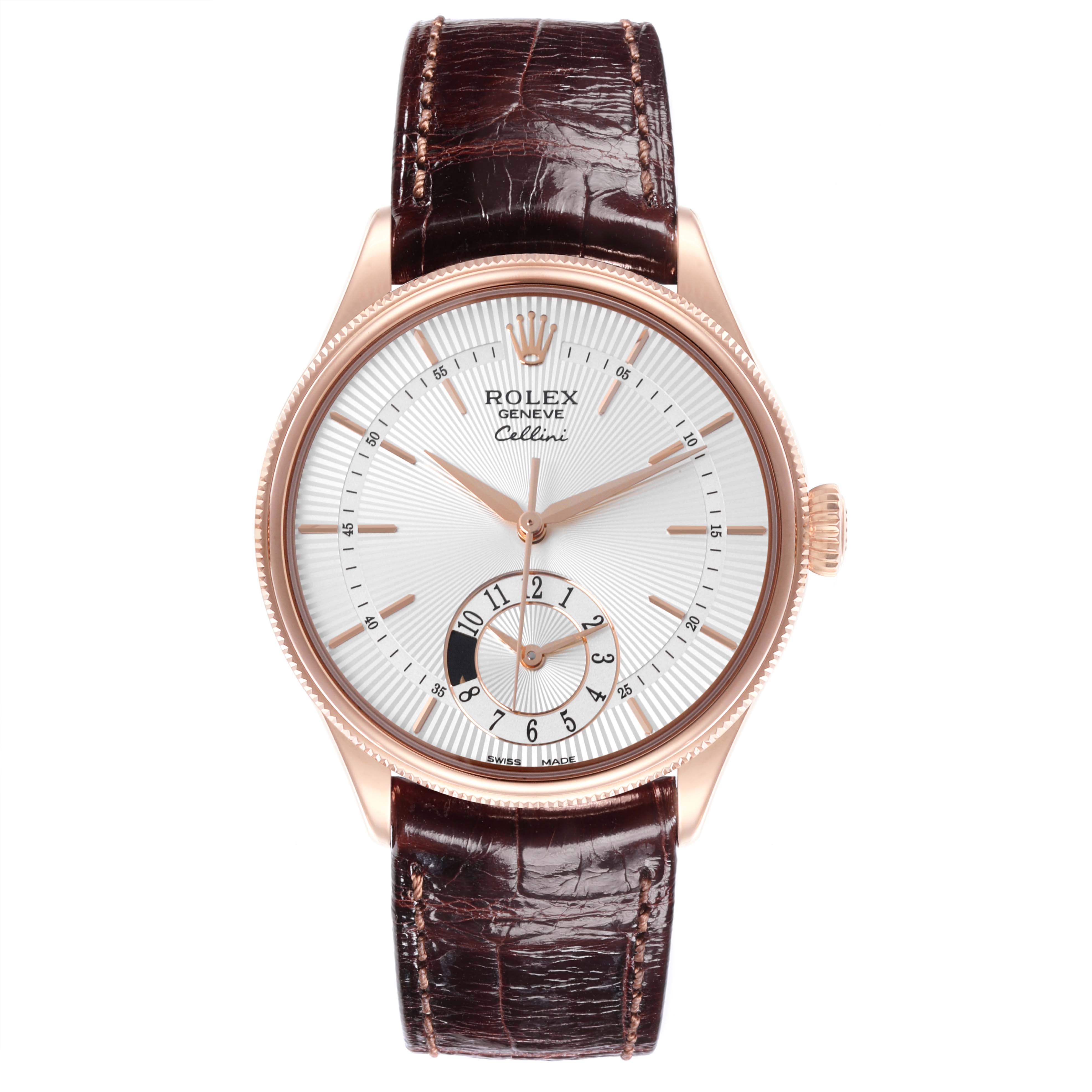 The Rolex Cellini 50525 Men's Rose Gold Silver Dial 50525 Men's Rose Gold Silver Dial watch is shown from a straight-on angle, displaying the face, hands, and leather strap.