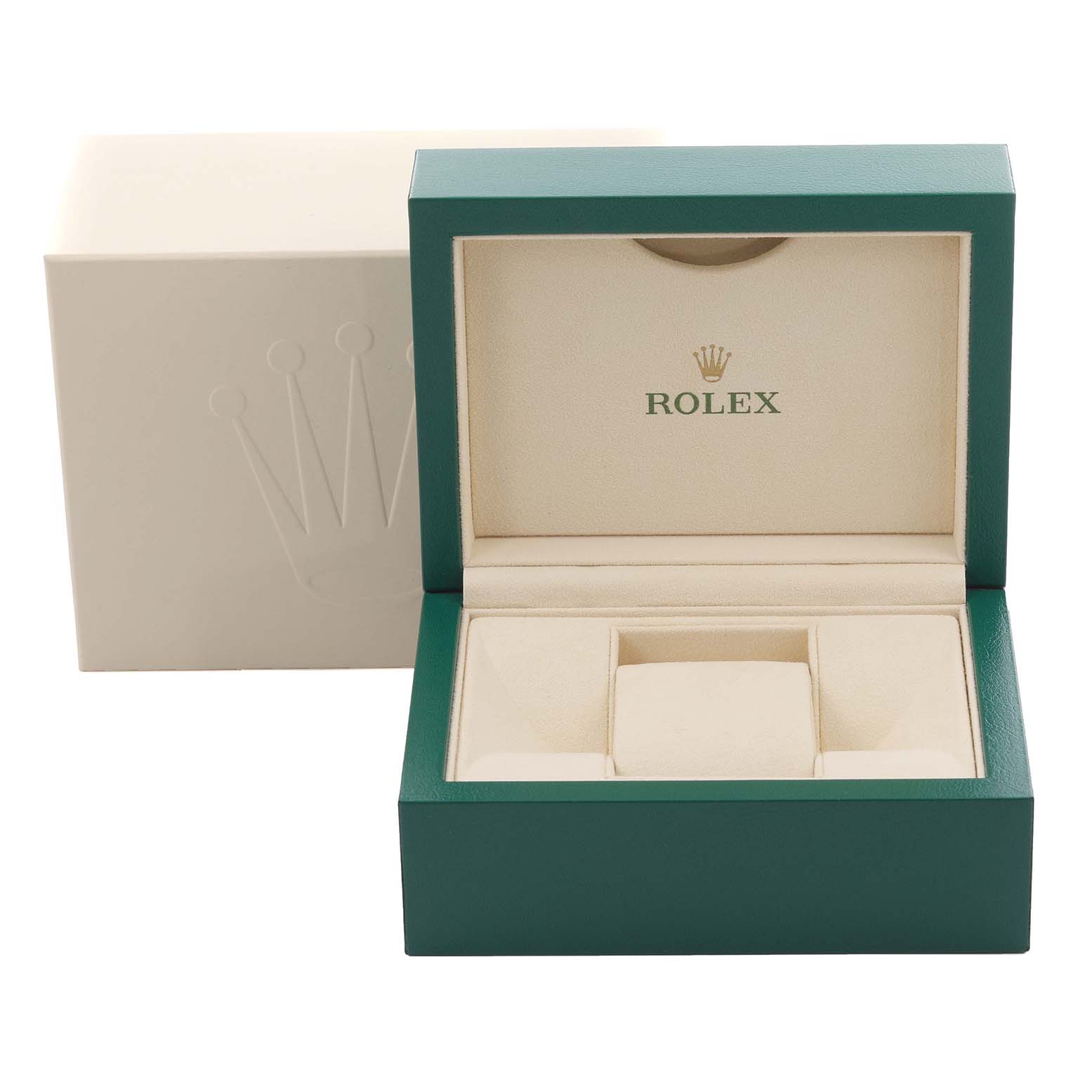 The image shows an open Rolex Cellini 50525 Men's Rose Gold Silver Dial 50525 Men's Rose Gold Silver Dial watch box, highlighting its interior padding and the brand logo.