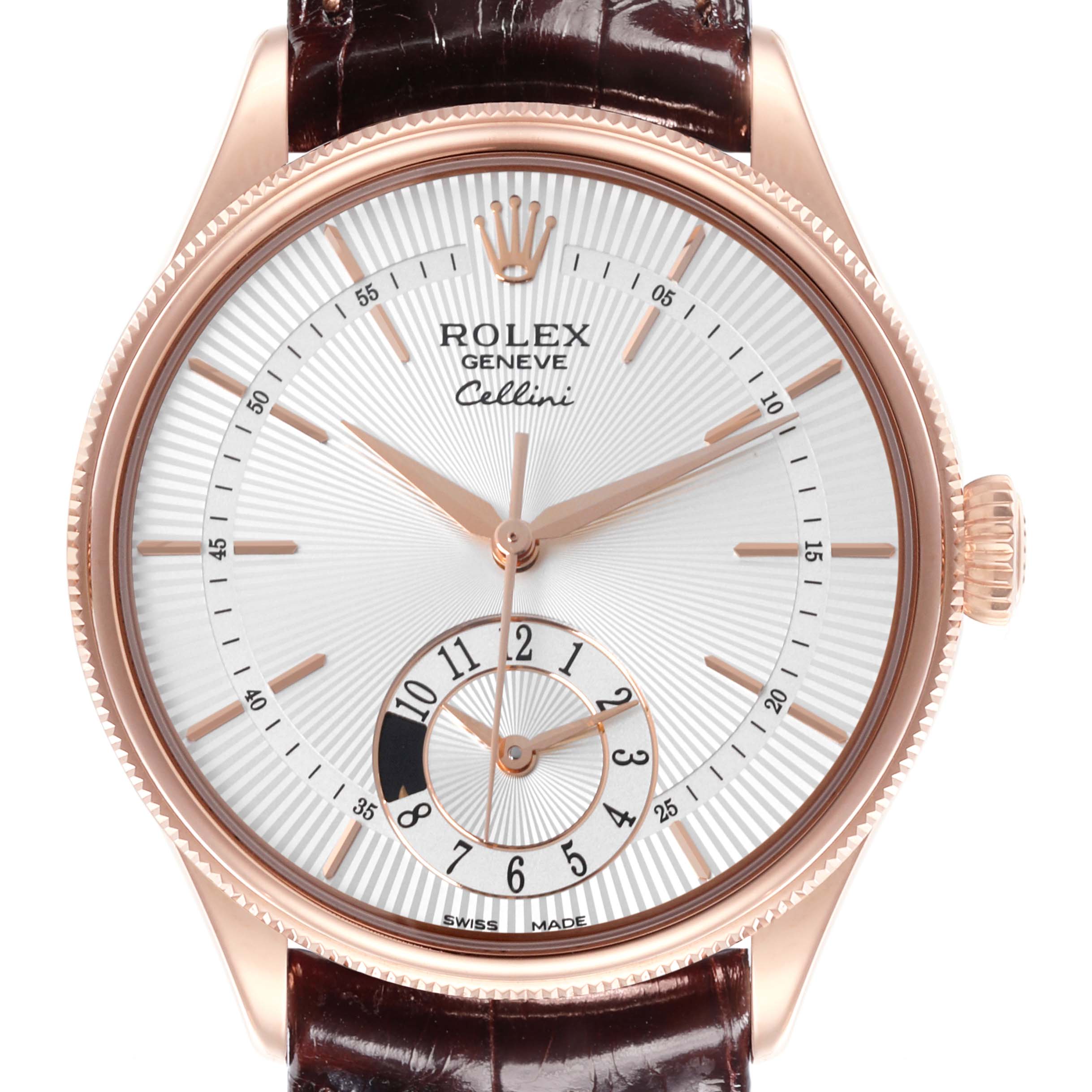 The Rolex Cellini 50525 Men's Rose Gold Silver Dial 50525 Men's Rose Gold Silver Dial model watch is shown from a front angle, displaying its dial, hands, crown, and brown leather strap.