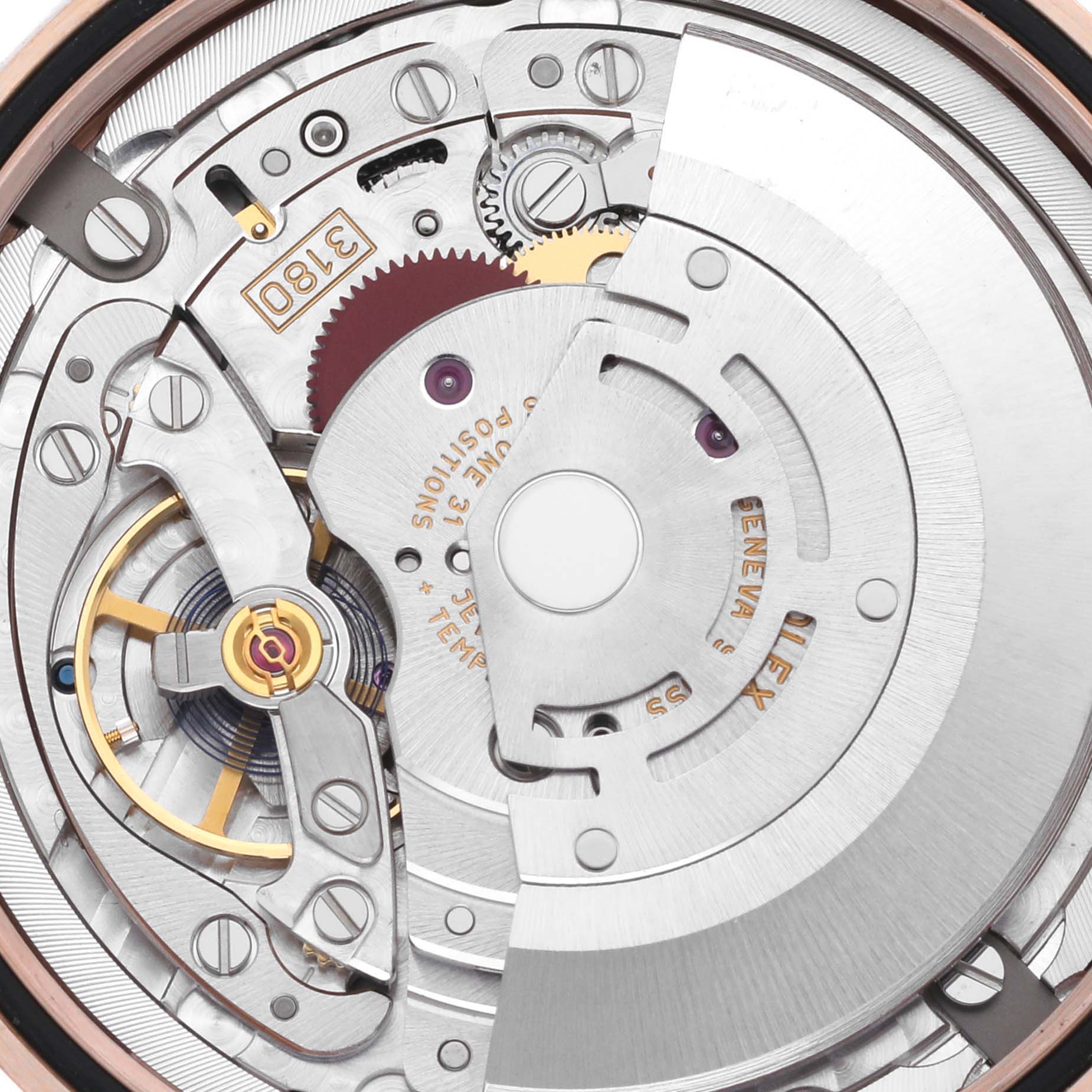 The image shows the movement of a Rolex Cellini 50525 Men's Rose Gold Silver Dial 50525 Men's Rose Gold Silver Dial watch, highlighting gears and the rotor at an angled close-up view.