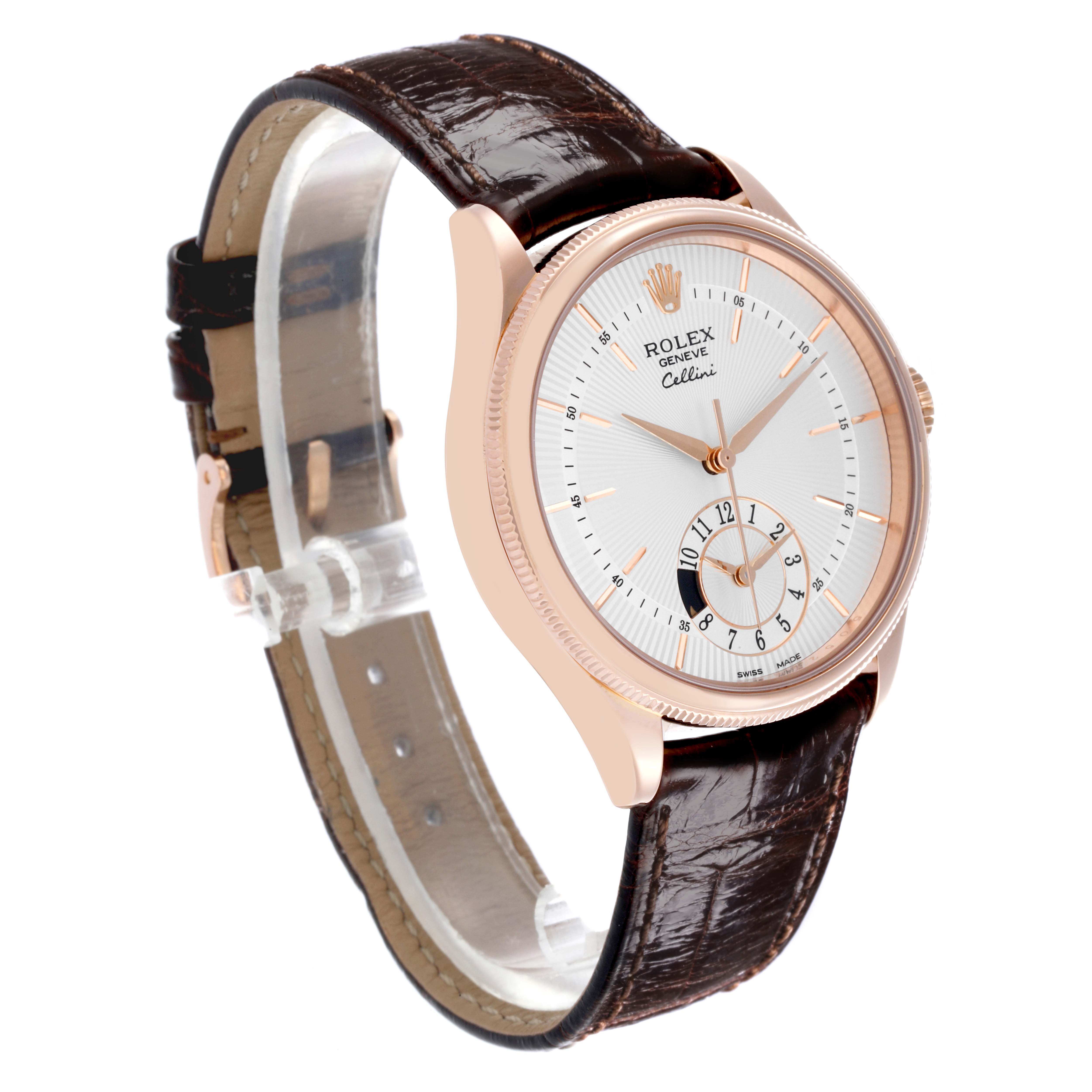 The Rolex Cellini 50525 Men's Rose Gold Silver Dial 50525 Men's Rose Gold Silver Dial watch is shown at a slight angle, displaying the dial, case, and leather strap.