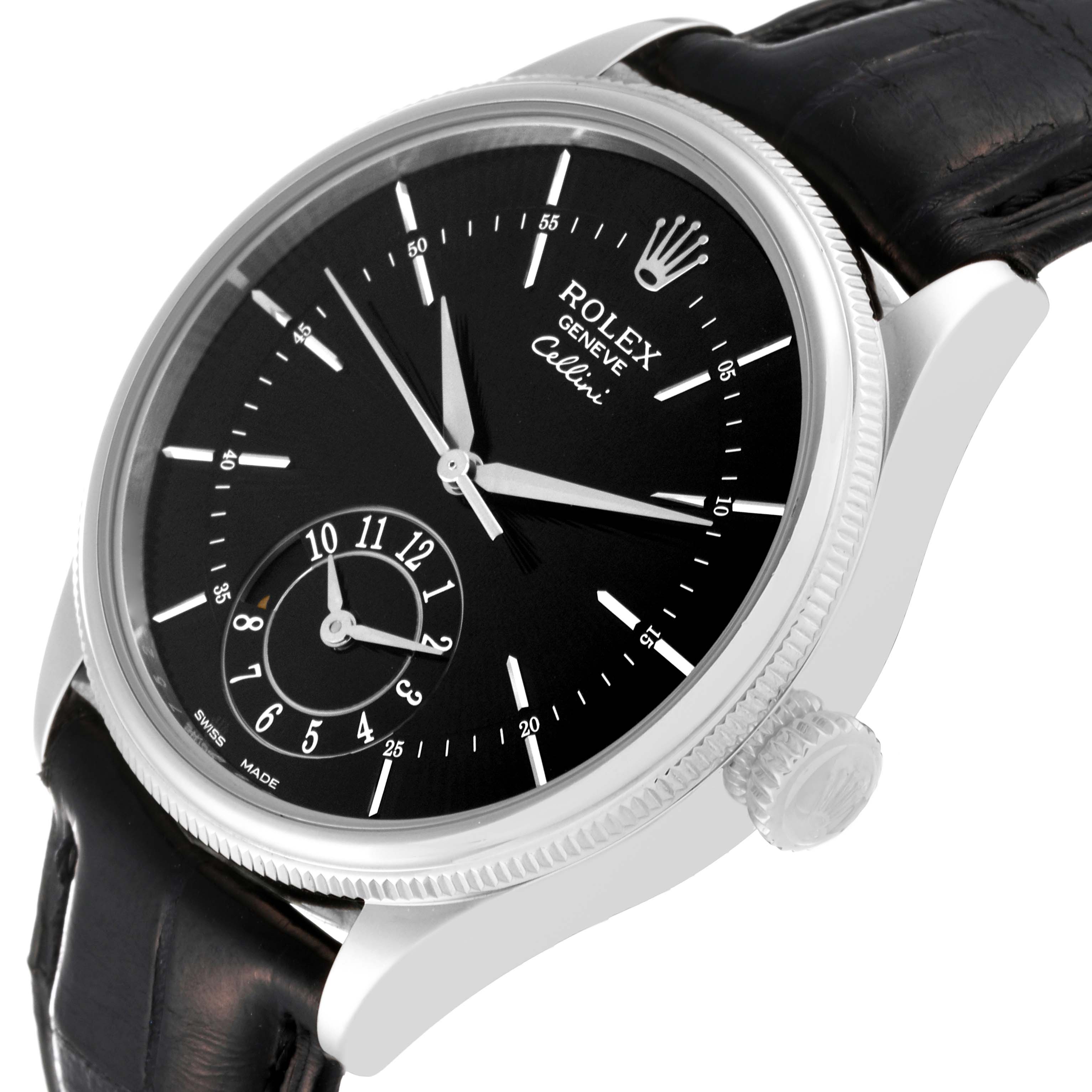 This image displays a Rolex Cellini 50529 Men's White Gold Black Dial 50529 Men's White Gold Black Dial watch at a slight angle, showcasing the face, crown, and black leather strap.