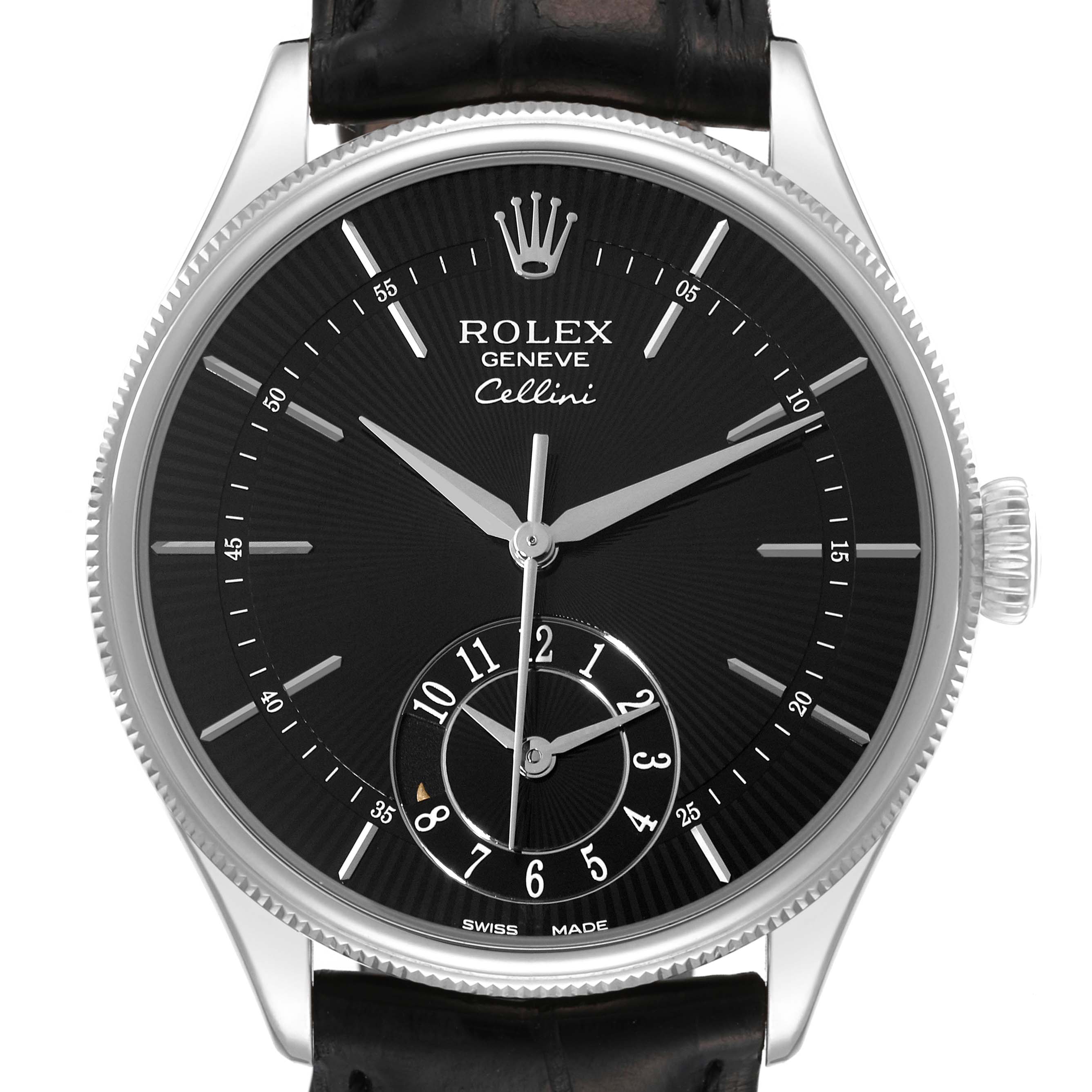 The image shows a front view of a Rolex Cellini 50529 Men's White Gold Black Dial 50529 Men's White Gold Black Dial watch, showcasing its black dial, silver hands, crown, and leather strap.