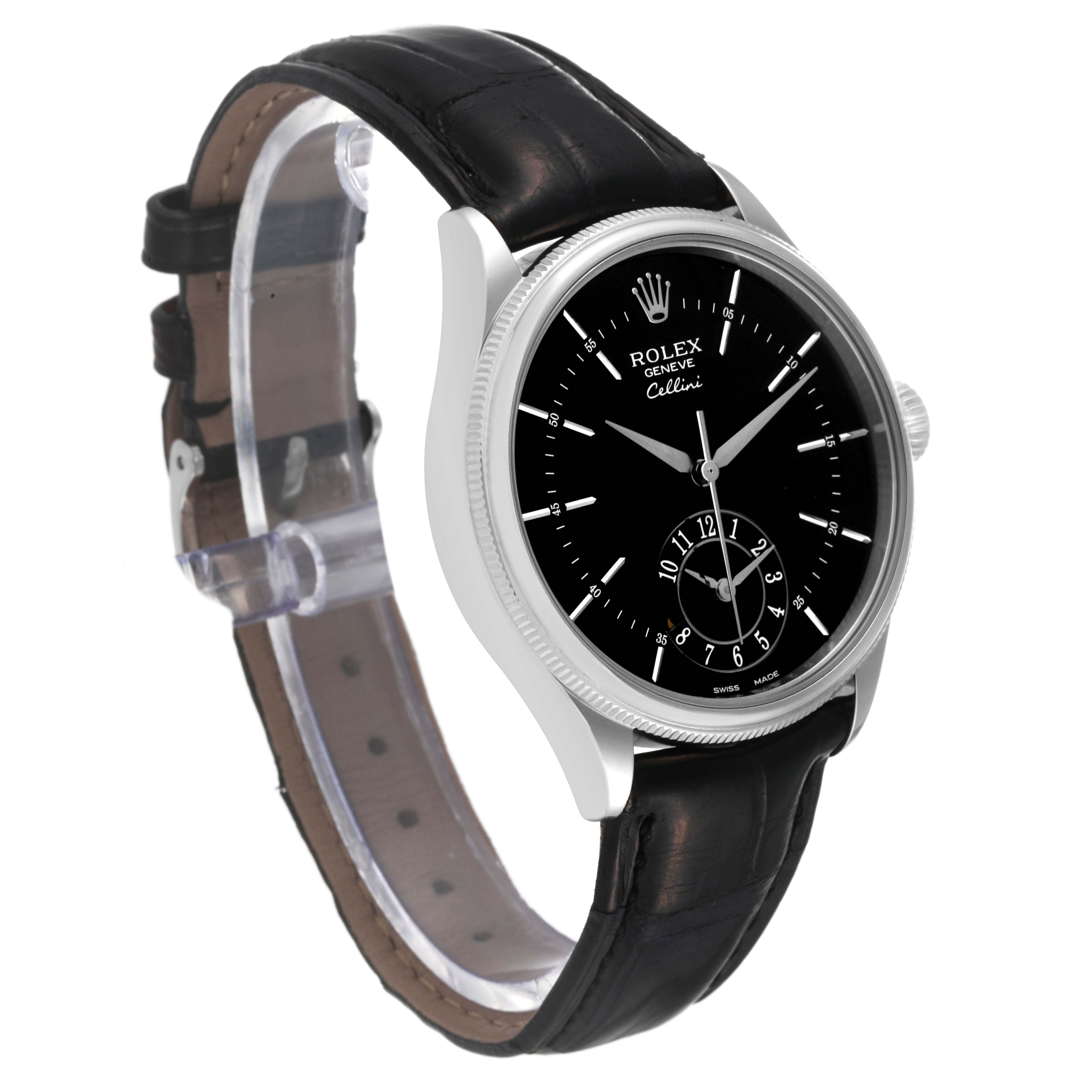This image shows a Rolex Cellini 50529 Men's White Gold Black Dial 50529 Men's White Gold Black Dial watch at a three-quarter angle, highlighting its face, case, and leather strap.