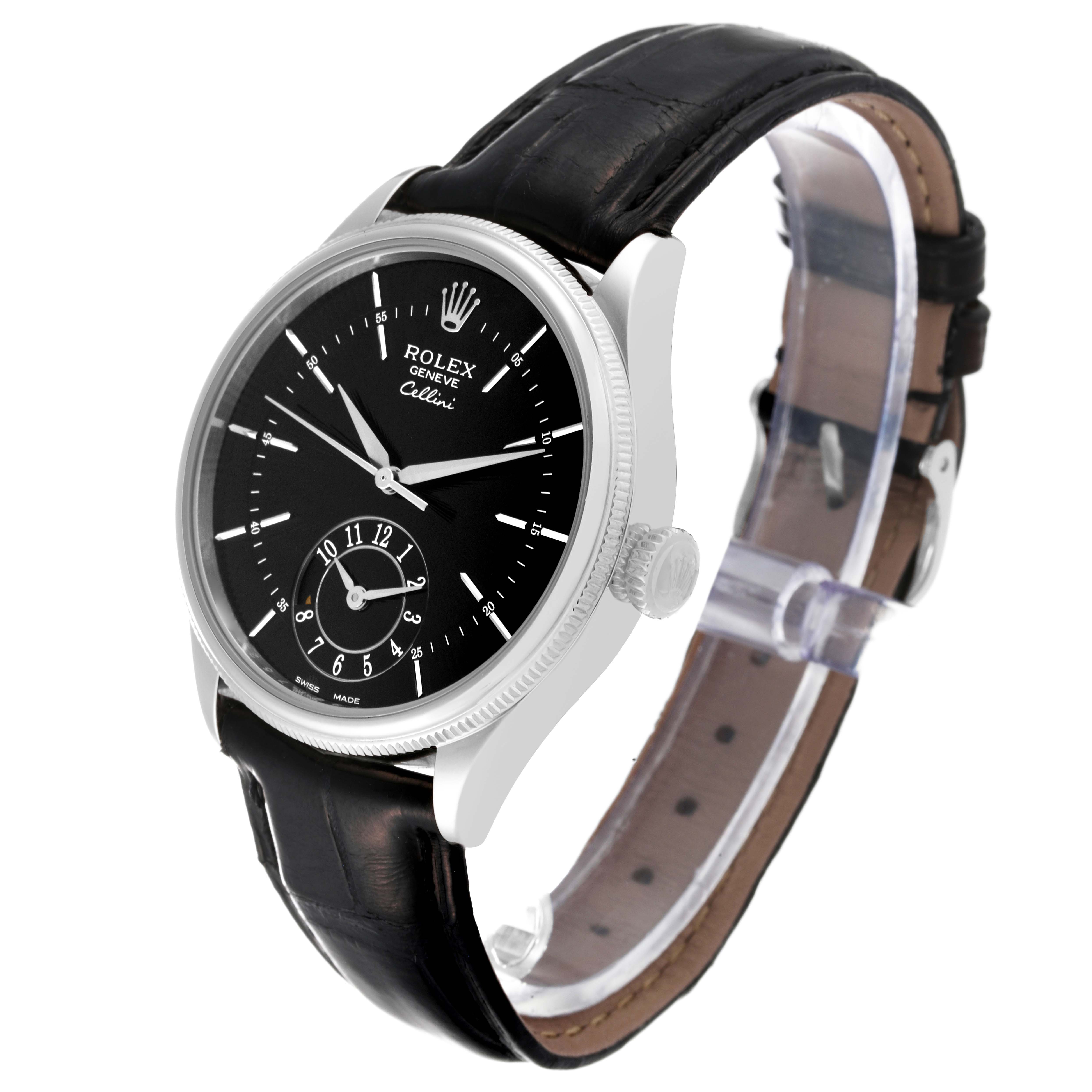 The Rolex Cellini 50529 Men's White Gold Black Dial 50529 Men's White Gold Black Dial watch is shown at a three-quarter angle, displaying its face, crown, and leather strap.