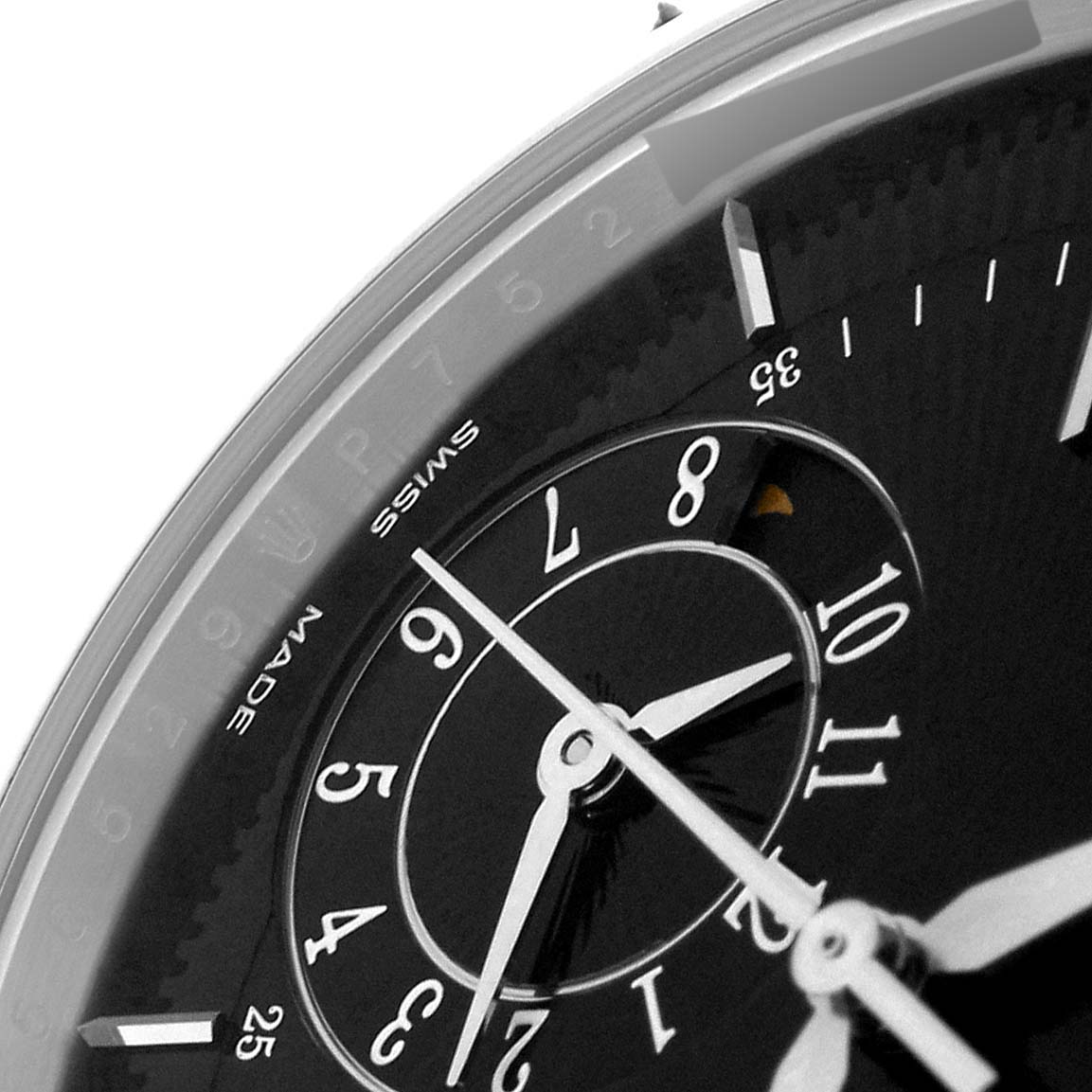 The image shows a close-up of the dial and hands of a Rolex Cellini 50529 Men's White Gold Black Dial 50529 Men's White Gold Black Dial watch.