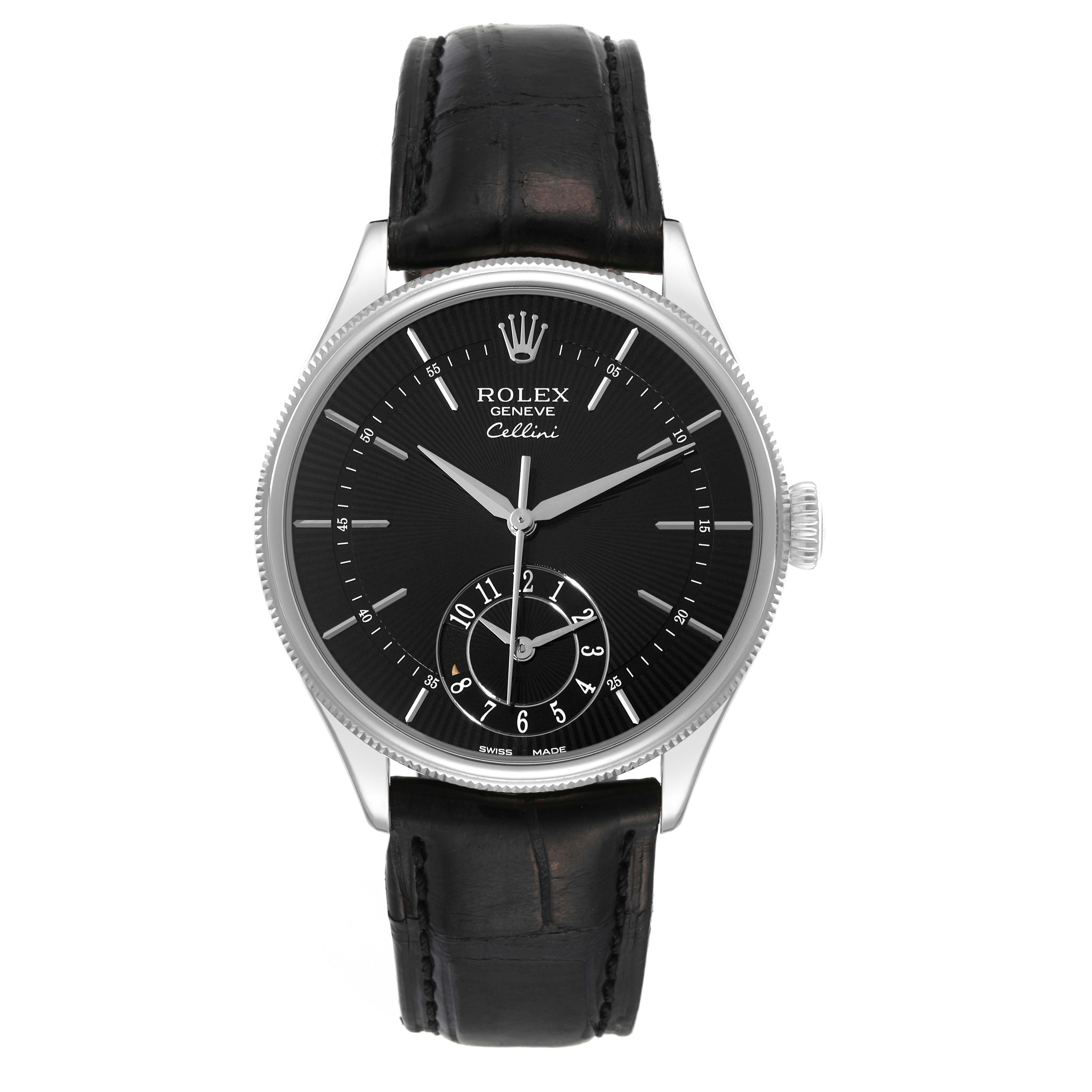 This image shows the front view of a Rolex Cellini 50529 Men's White Gold Black Dial 50529 Men's White Gold Black Dial watch with a black dial and leather strap.