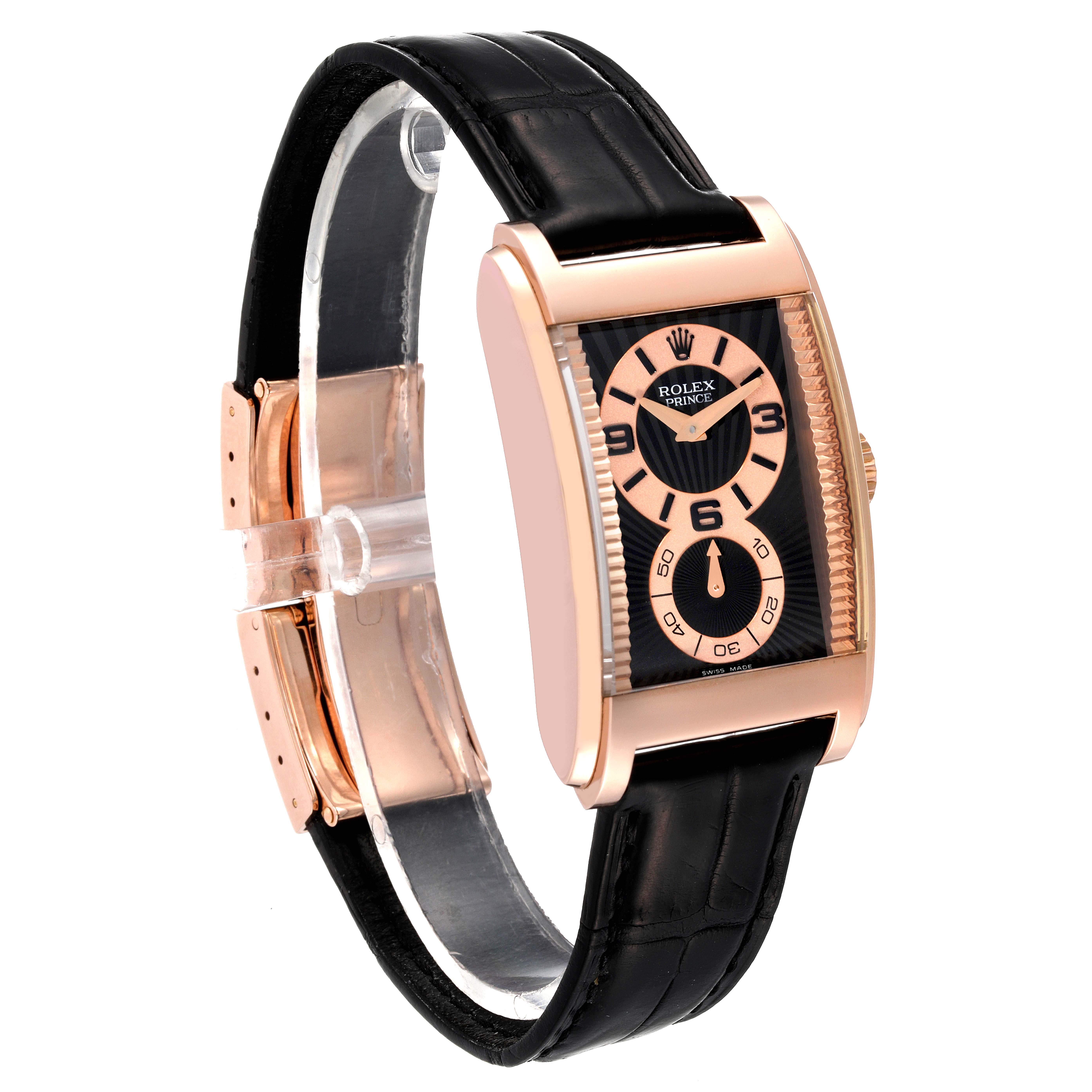 The Rolex Cellini 5442 Men's Rose Gold Black Dial 5442 Men's Rose Gold Black Dial watch is shown at a slight angle, highlighting its rectangular face and black leather strap.