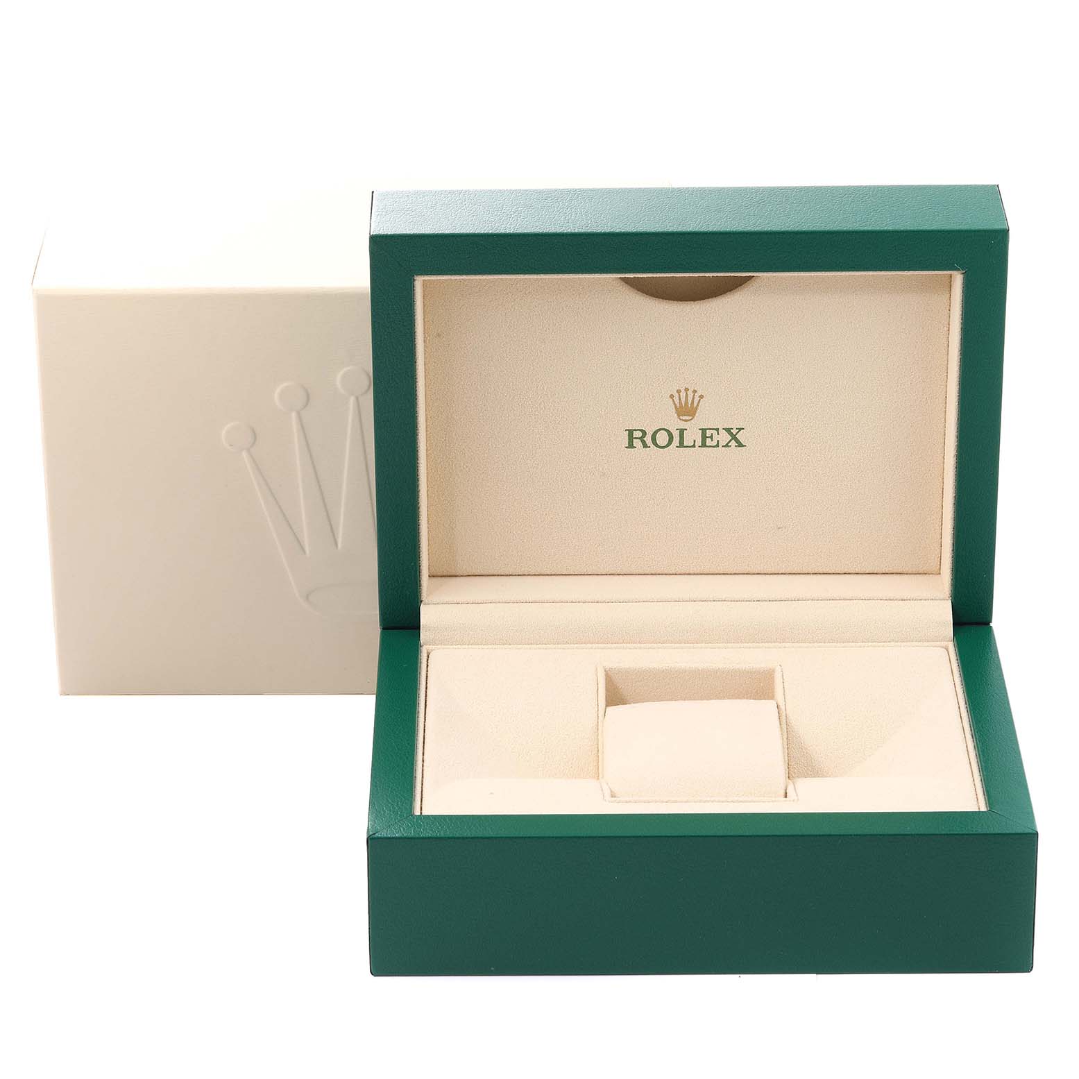 The image shows an open watch box for the Rolex Cellini 5442 Men's Rose Gold Black Dial 5442 Men's Rose Gold Black Dial model, featuring green and beige colors with the brand logo inside.