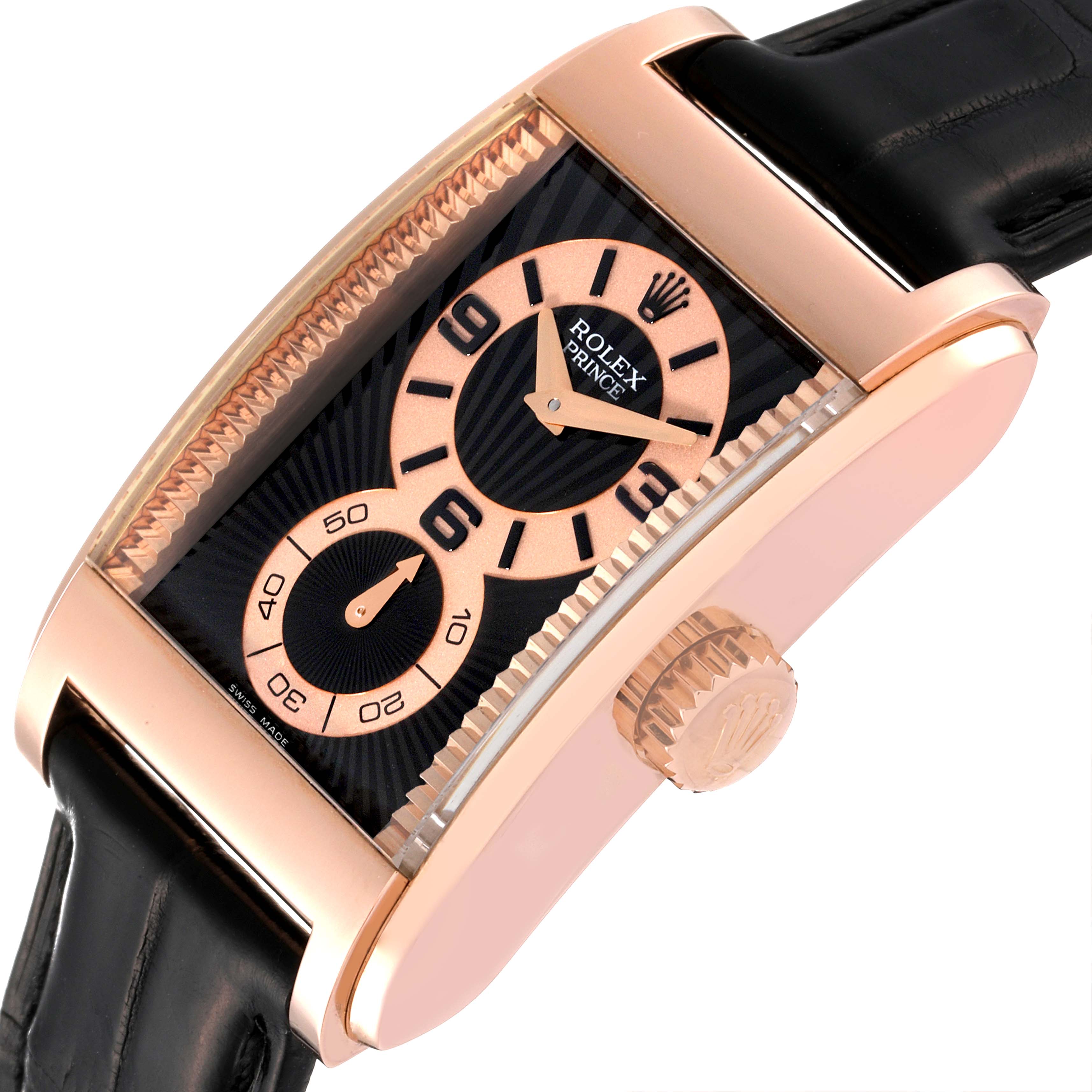This image shows a Rose Gold Rolex Cellini 5442 Men's Rose Gold Black Dial 5442 Men's Rose Gold Black Dial Prince watch at a slight side angle, highlighting its black leather strap and crown.