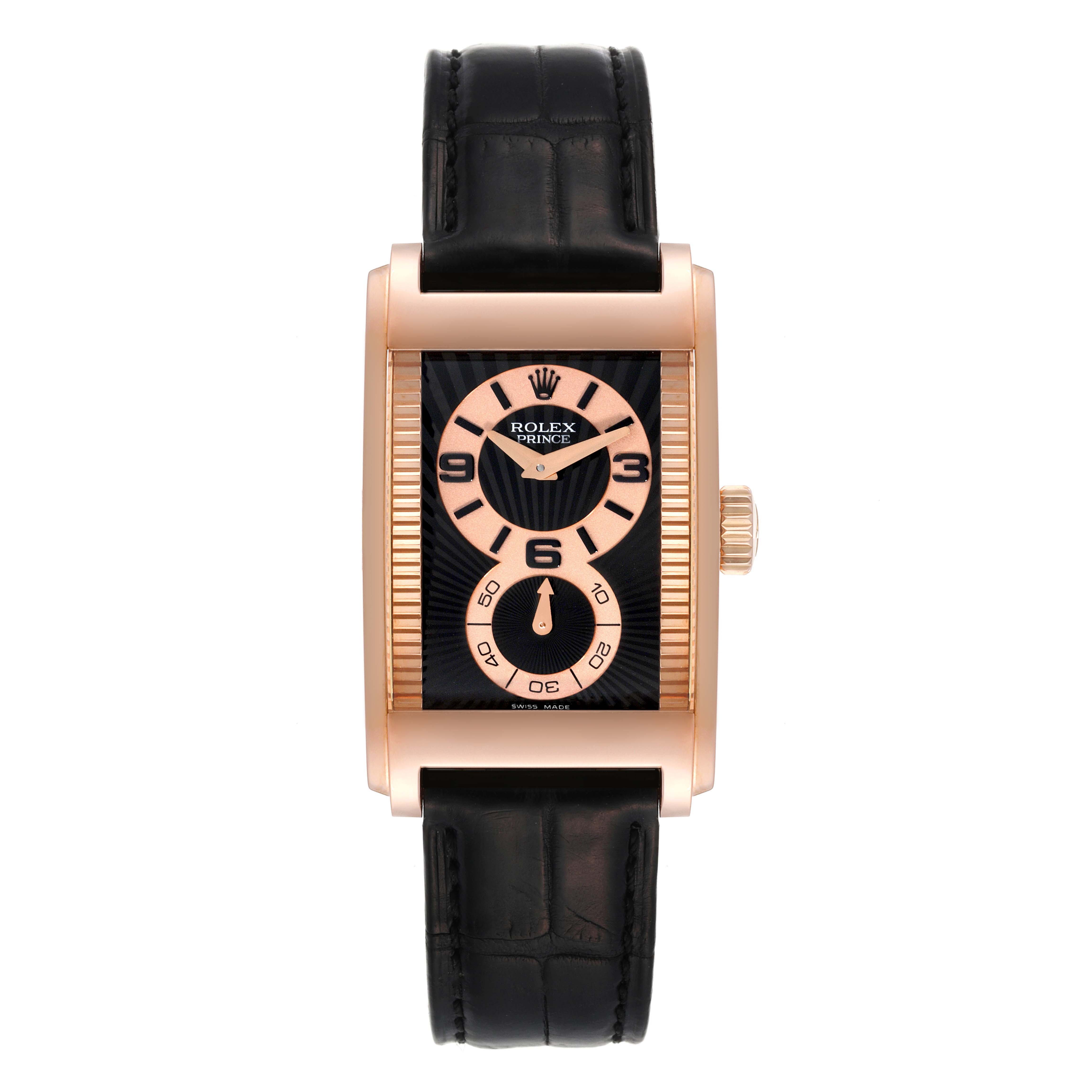 The image shows a Rolex Cellini 5442 Men's Rose Gold Black Dial 5442 Men's Rose Gold Black Dial Prince watch from a top-down angle, displaying the watch face, case, and leather strap.