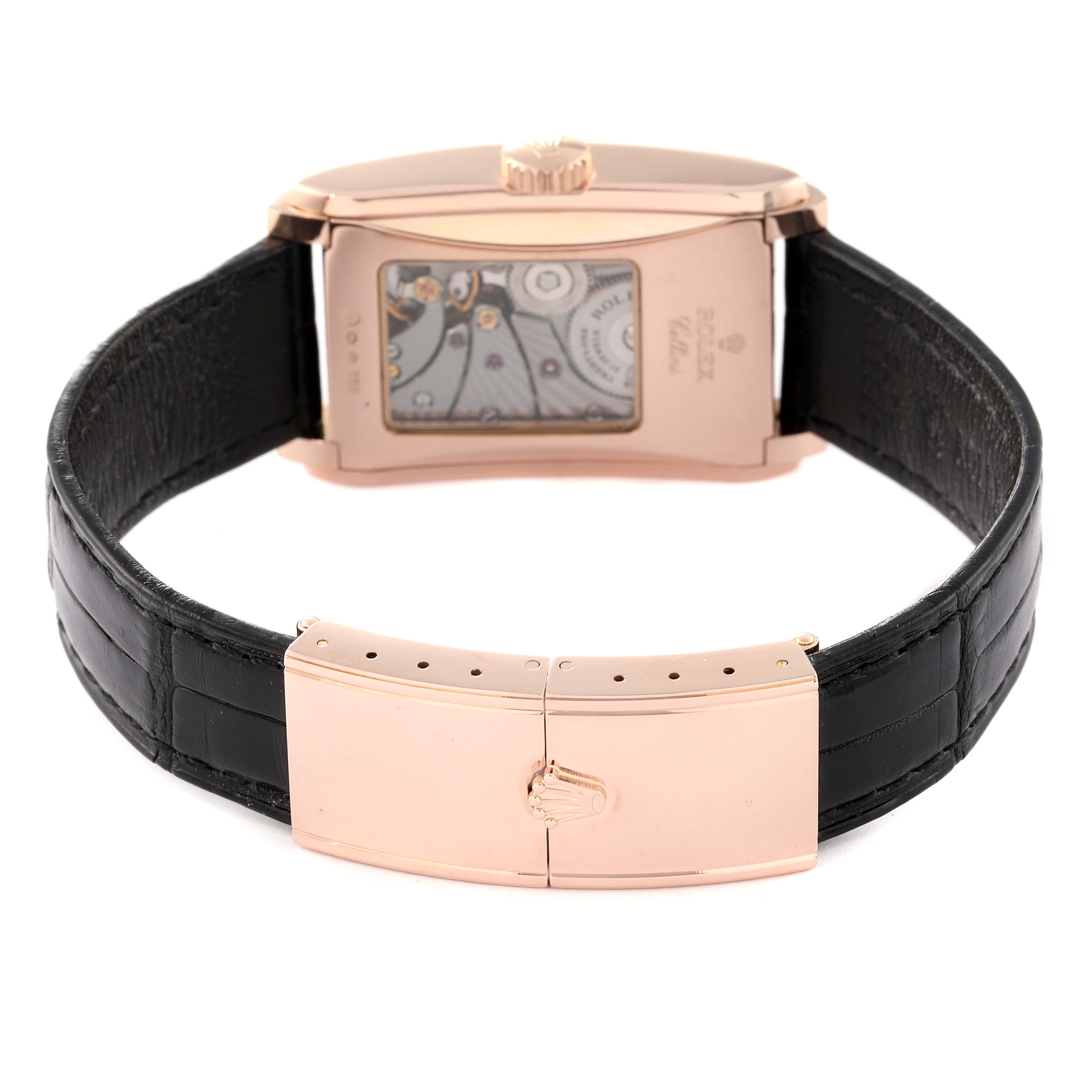 The image shows the back view of a Rolex Cellini 5442 Men's Rose Gold Black Dial 5442 Men's Rose Gold Black Dial watch, including the clasp, leather strap, and transparent case back.