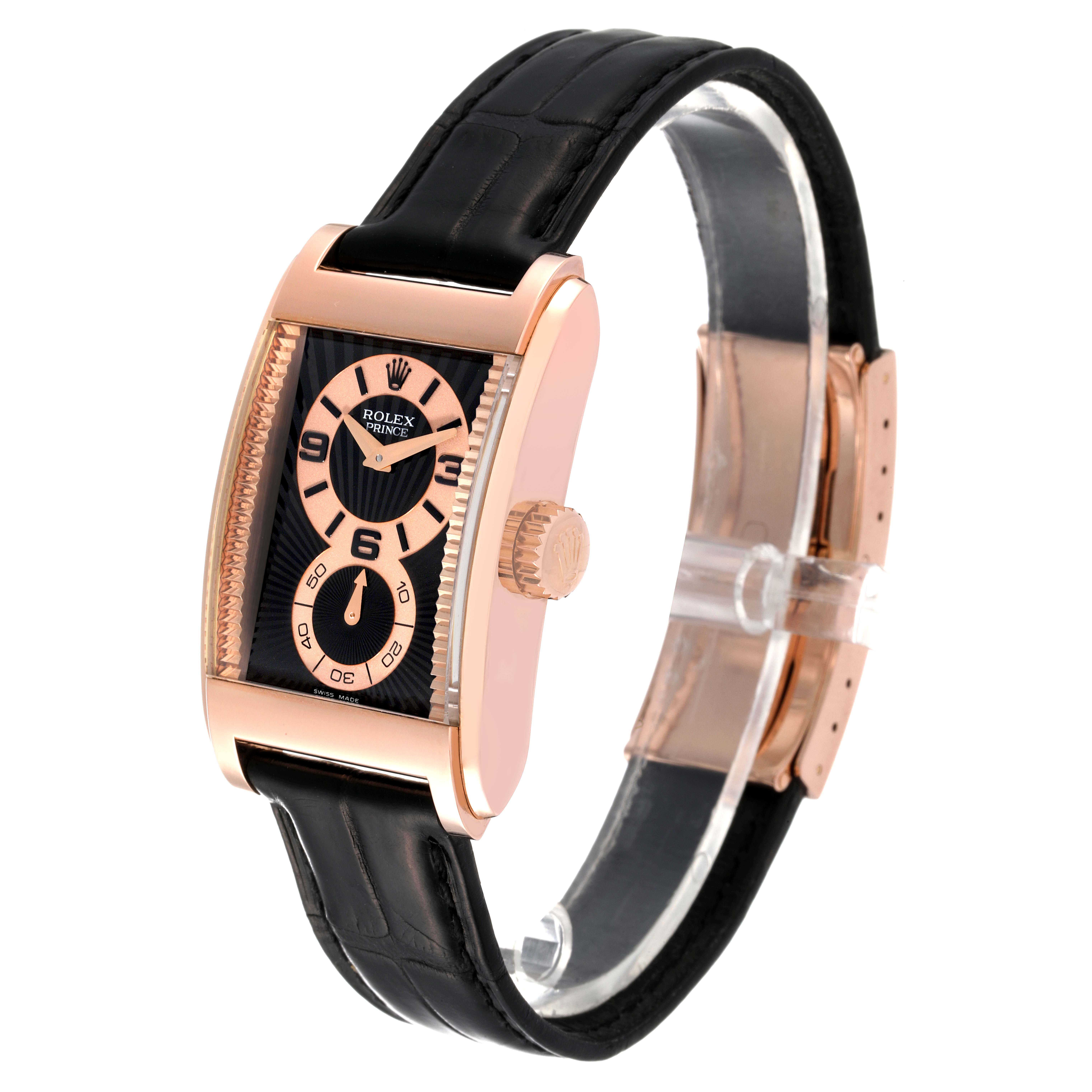 The Rolex Cellini 5442 Men's Rose Gold Black Dial 5442 Men's Rose Gold Black Dial watch is shown from a slightly angled front view, highlighting the dial, crown, and leather strap.