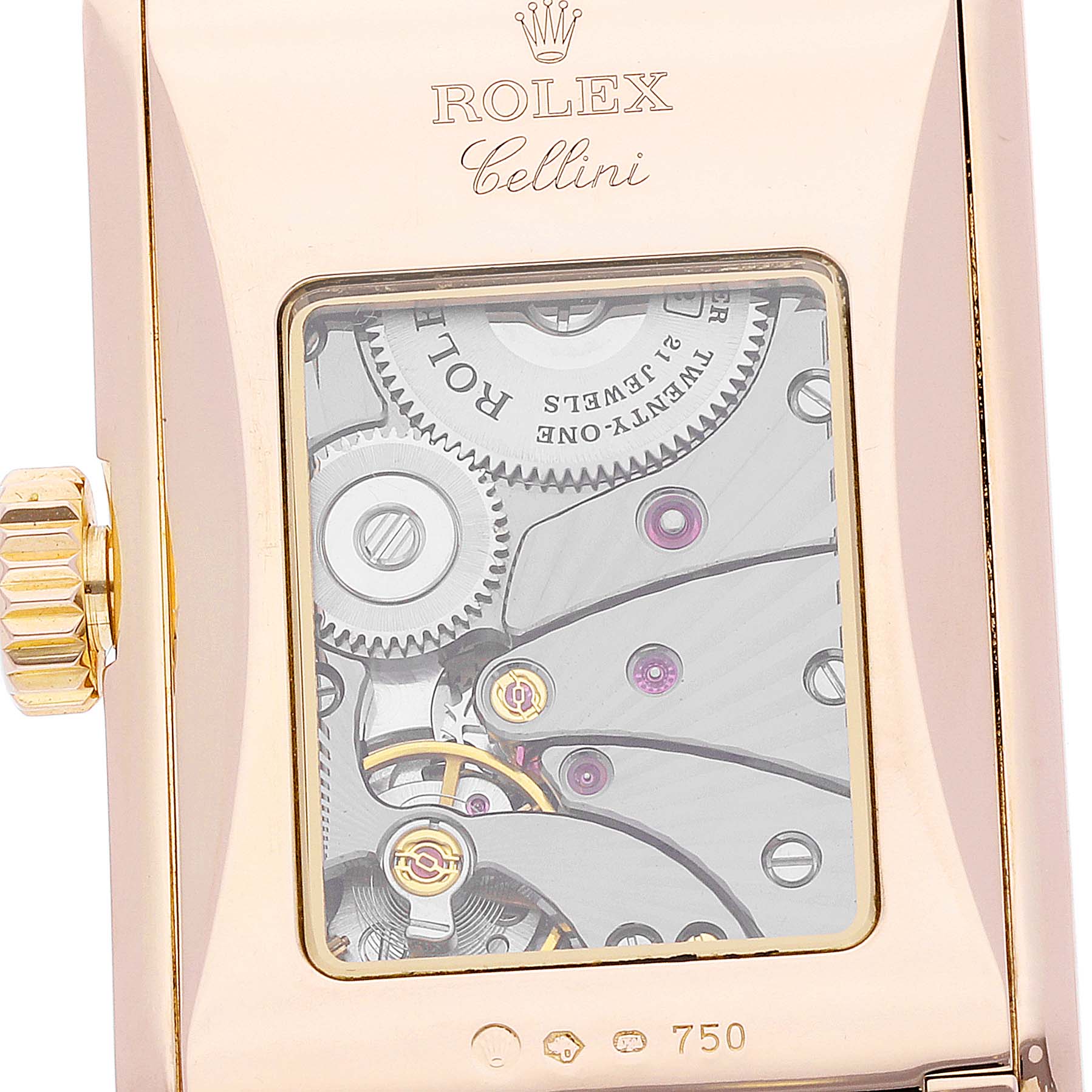 This image shows a close-up of the Rolex Cellini 5442 Men's Rose Gold Black Dial 5442 Men's Rose Gold Black Dial watch's movement through a transparent case back.