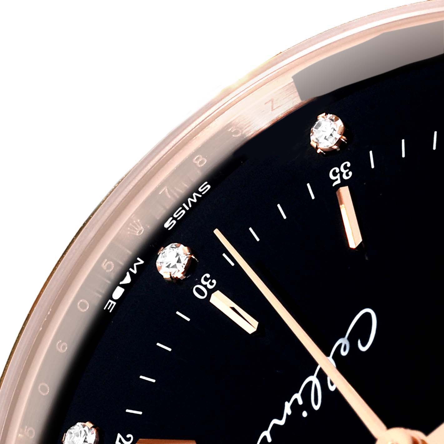 The image shows a close-up angle of the Rolex Cellini 50605RBR Men's Rose Gold Black Dial 50605RBR Men's Rose Gold Black Dial watch face, highlighting the hour markers, hands, and part of the "Cellini" branding.
