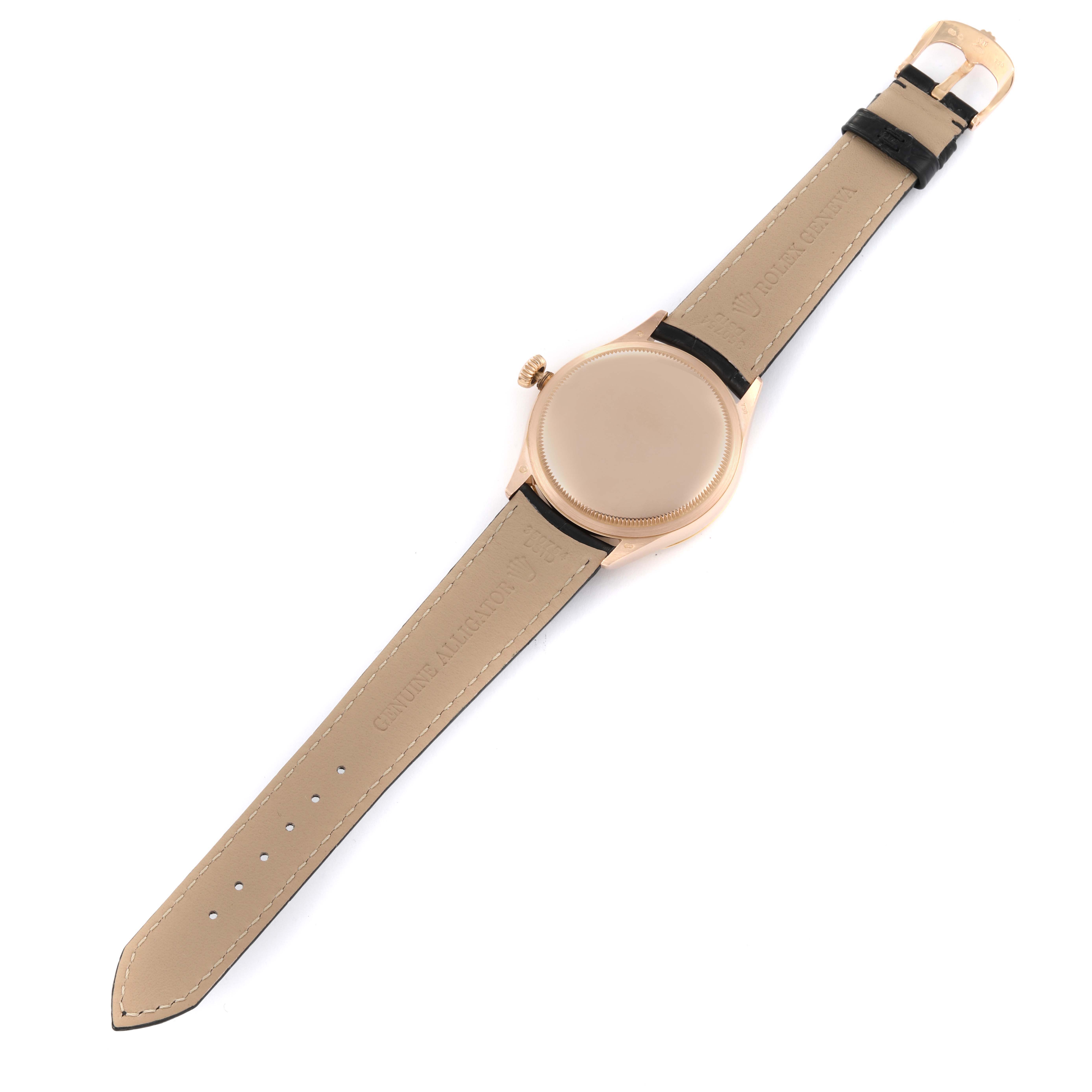 The image shows the back view of a Rolex Cellini 50605RBR Men's Rose Gold Black Dial 50605RBR Men's Rose Gold Black Dial watch, including the strap and buckle.