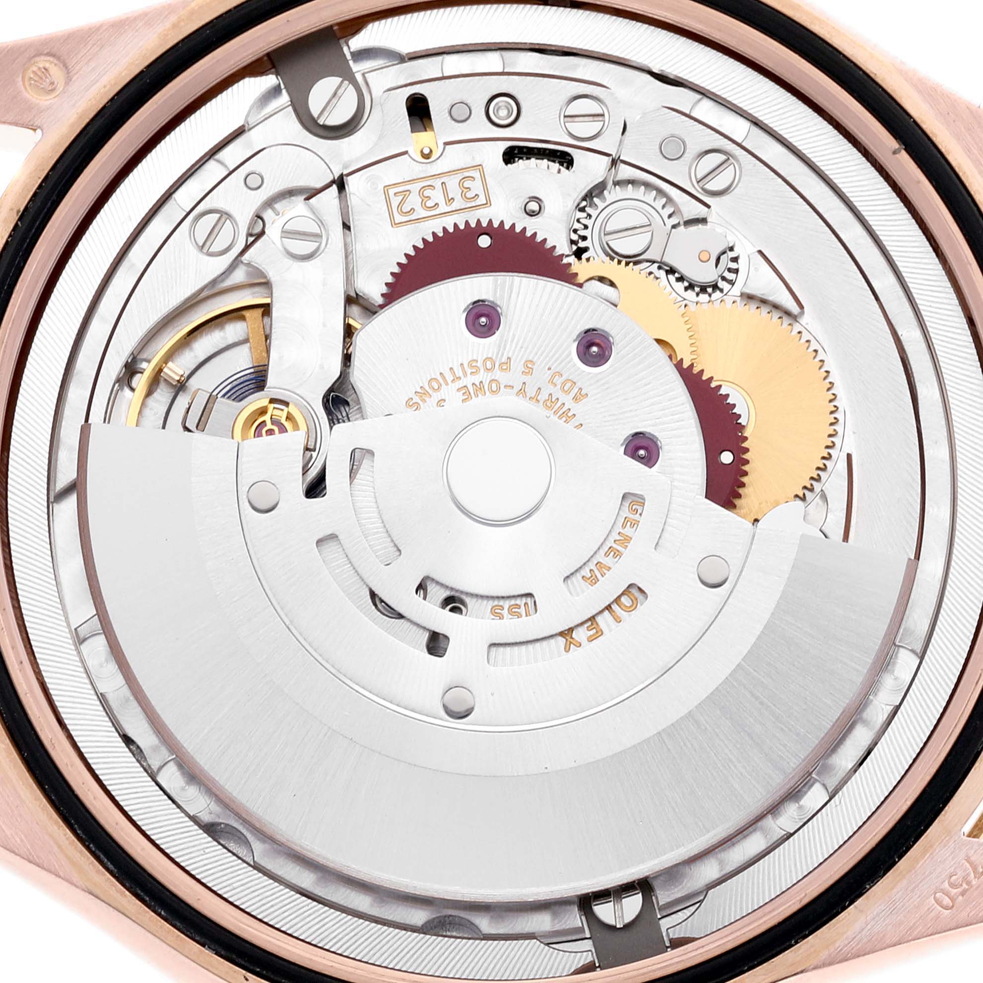 The image shows a close-up view of the intricate movement mechanism inside a Rolex Cellini 50605RBR Men's Rose Gold Black Dial 50605RBR Men's Rose Gold Black Dial watch.