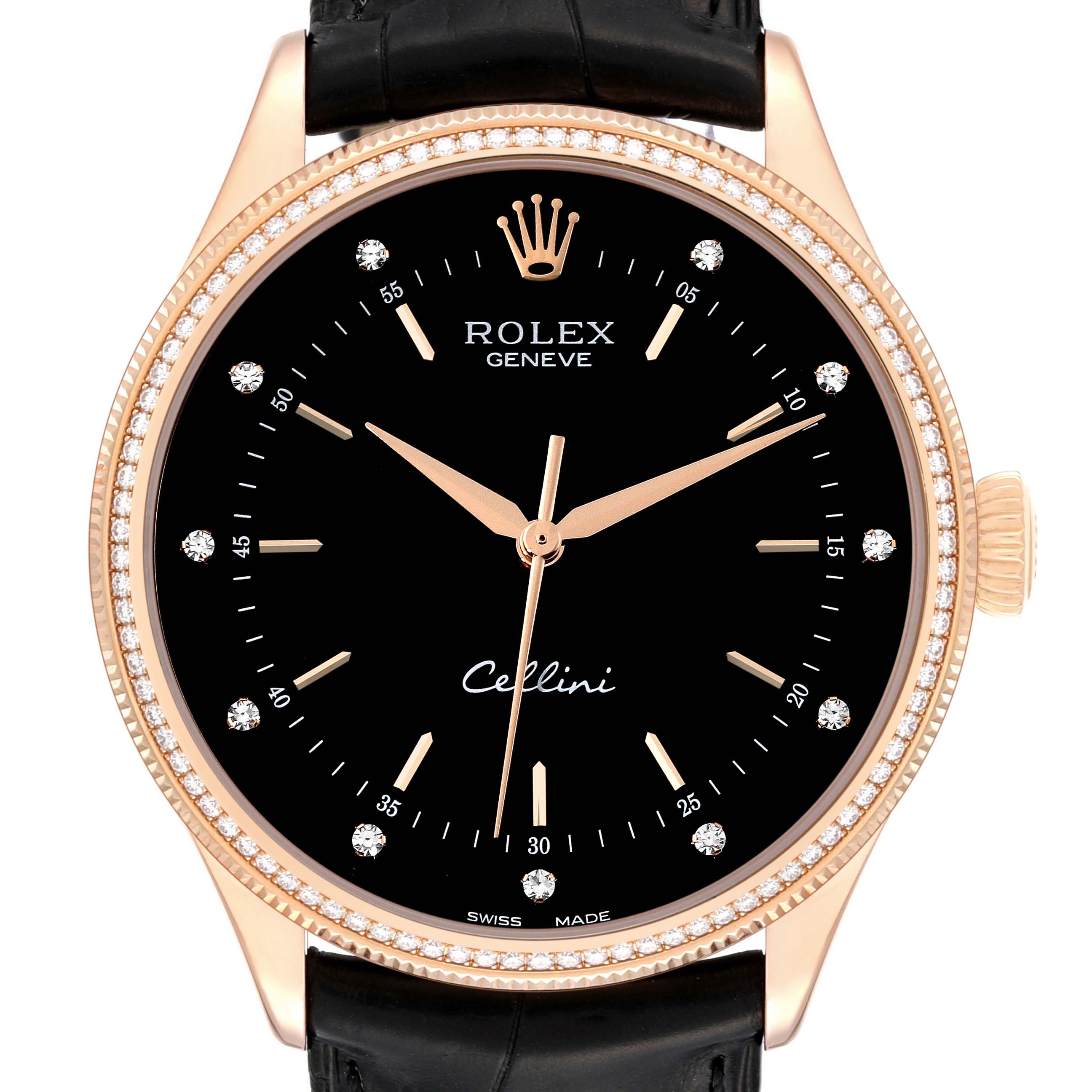 The Rolex Cellini 50605RBR Men's Rose Gold Black Dial 50605RBR Men's Rose Gold Black Dial watch is shown from the front, displaying the black dial, gold hands, markers, and diamond-set bezel.
