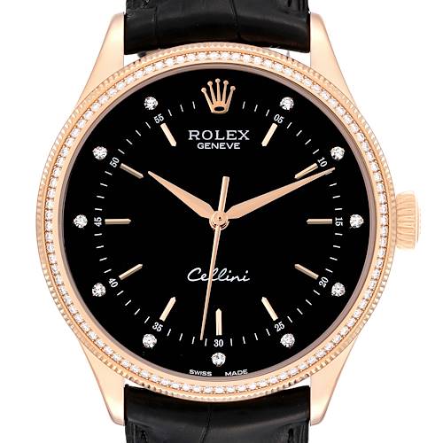 Photo of Rolex Cellini Time Rose Gold Black Dial Diamond Mens Watch 50605 Box Card