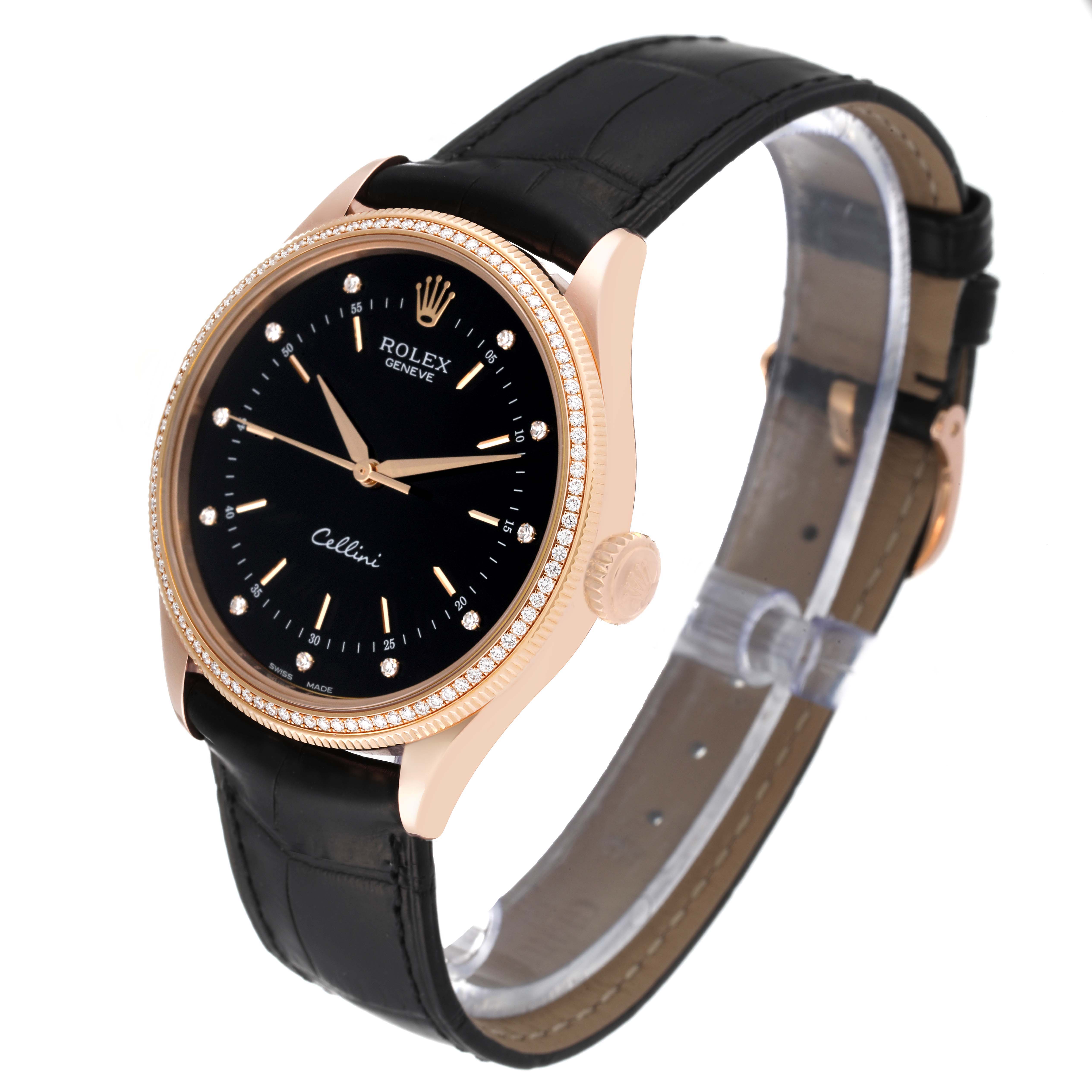 The image shows a Rolex Cellini 50605RBR Men's Rose Gold Black Dial 50605RBR Men's Rose Gold Black Dial watch at a three-quarter angle, displaying its black dial, gold case, and black leather strap.