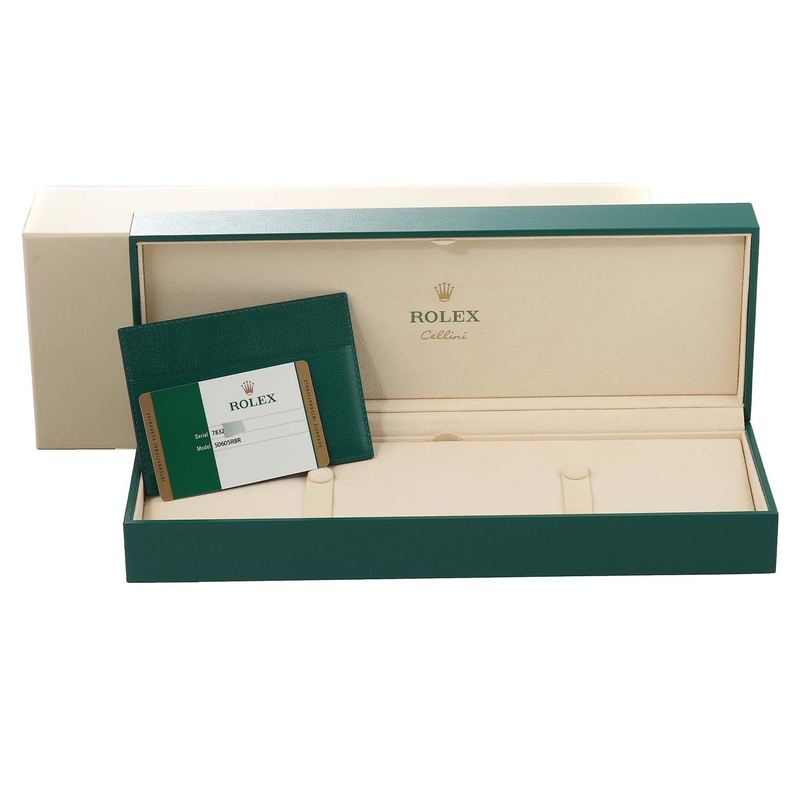 The image shows the watch box and authenticity card for the Rolex Cellini 50605RBR Men's Rose Gold Black Dial 50605RBR Men's Rose Gold Black Dial model, with the box open and card displayed.