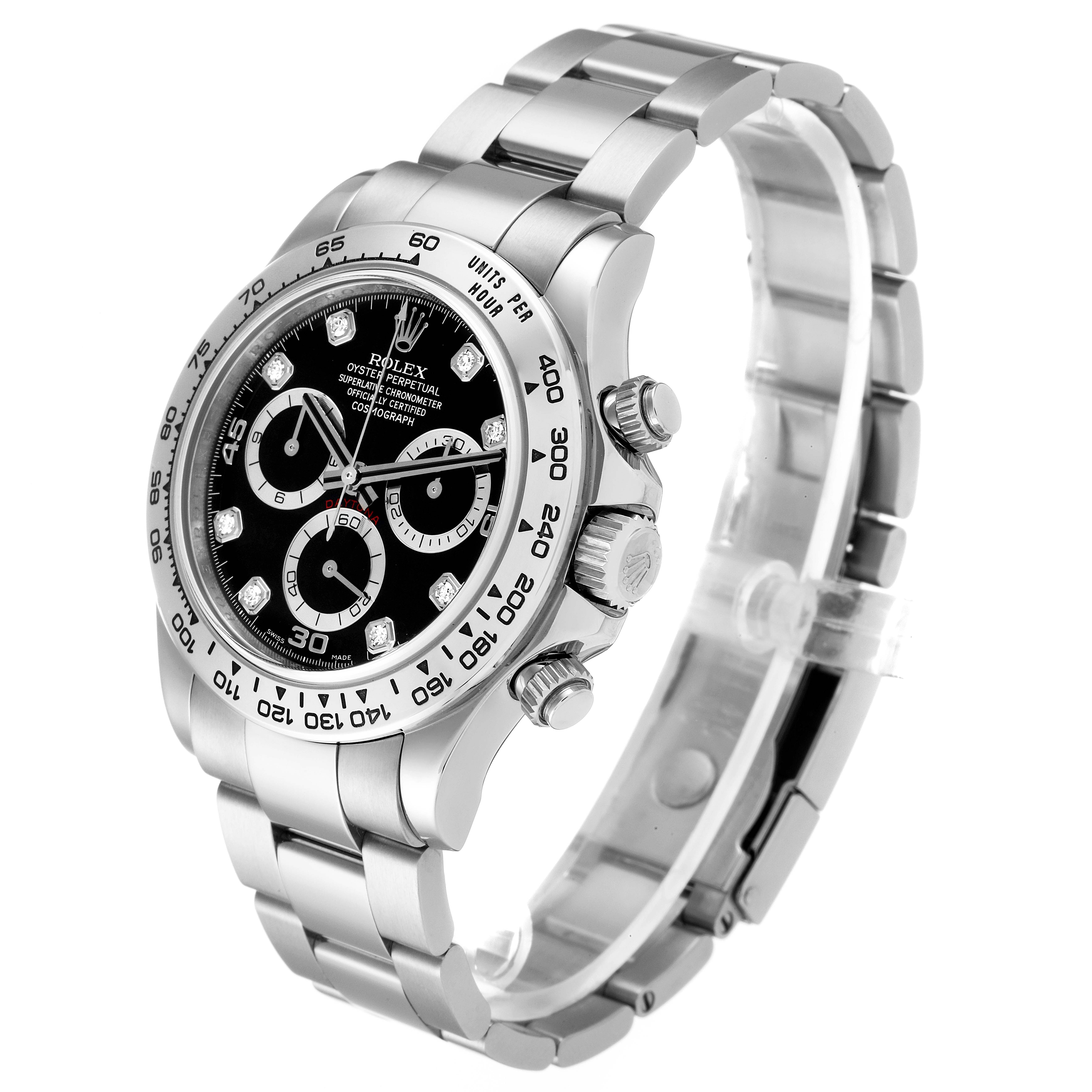 The Rolex Daytona 116509 Men's White Gold Black Dial 116509 Men's White Gold Black Dial watch is shown from an angled side view, highlighting the face, dial, bezel, and bracelet.