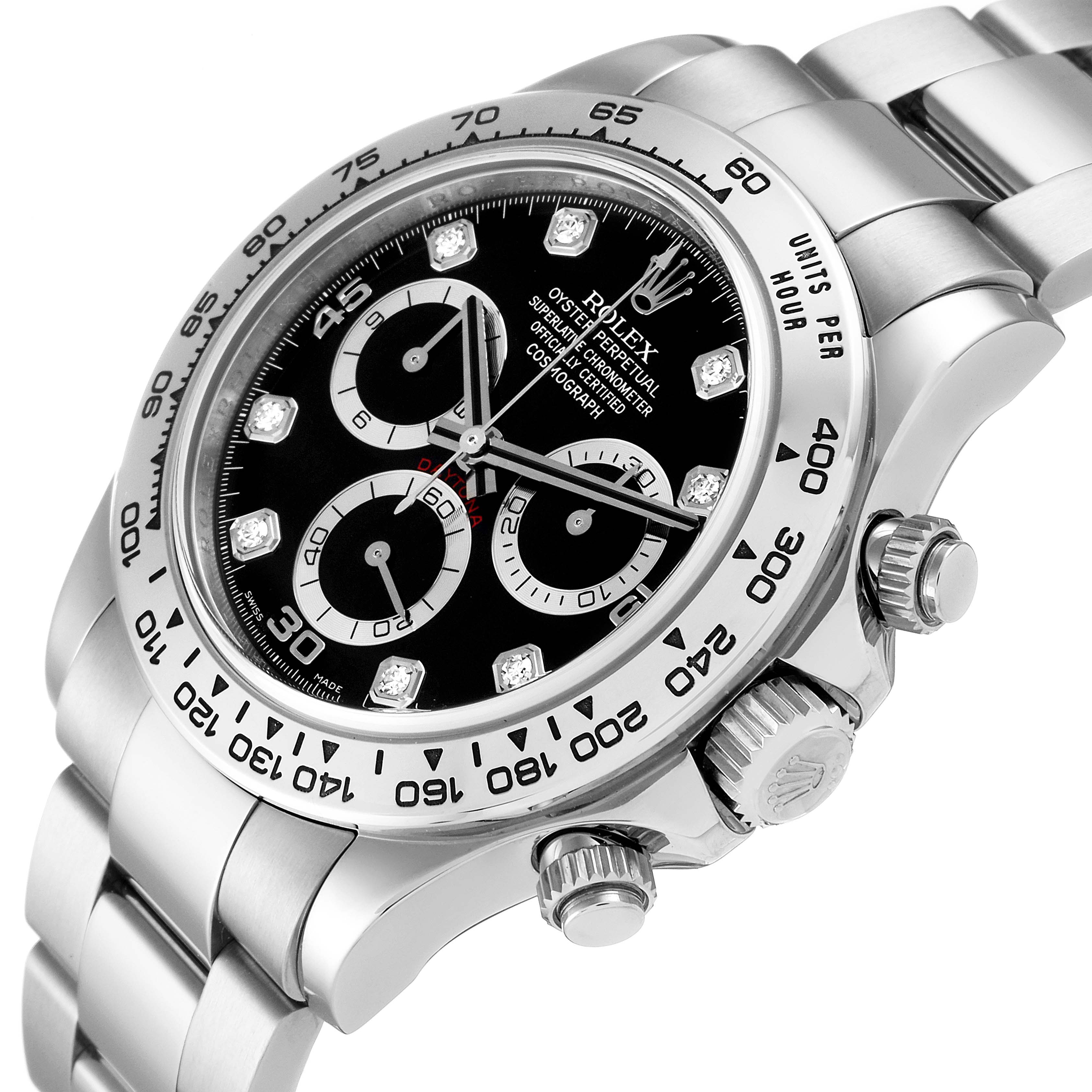 This image shows a Rolex Daytona 116509 Men's White Gold Black Dial 116509 Men's White Gold Black Dial watch at a three-quarter angle, highlighting its bezel, dial, bracelet, and pushers.