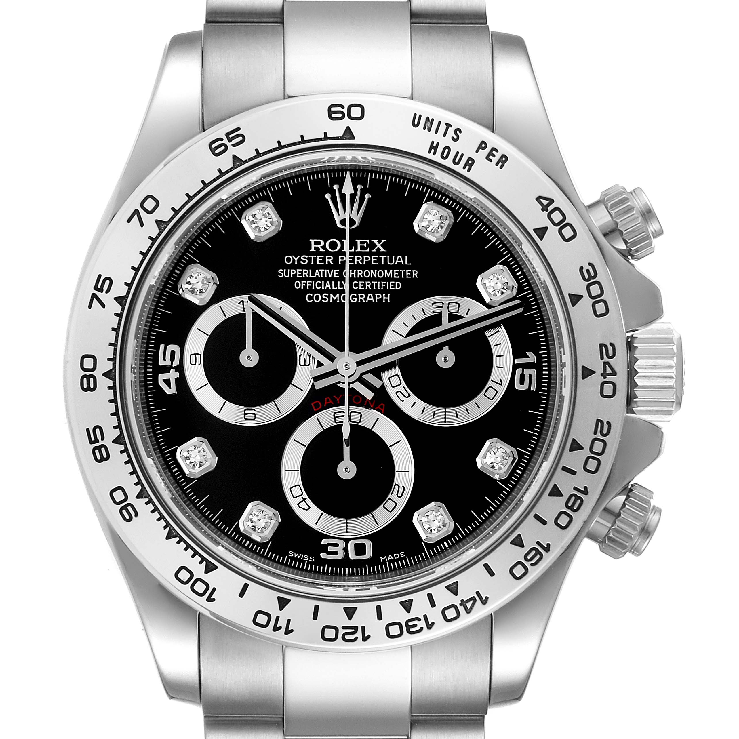 The image shows a front view of the Rolex Daytona 116509 Men's White Gold Black Dial 116509 Men's White Gold Black Dial watch, highlighting the dial, bezel, and pushers on the side.