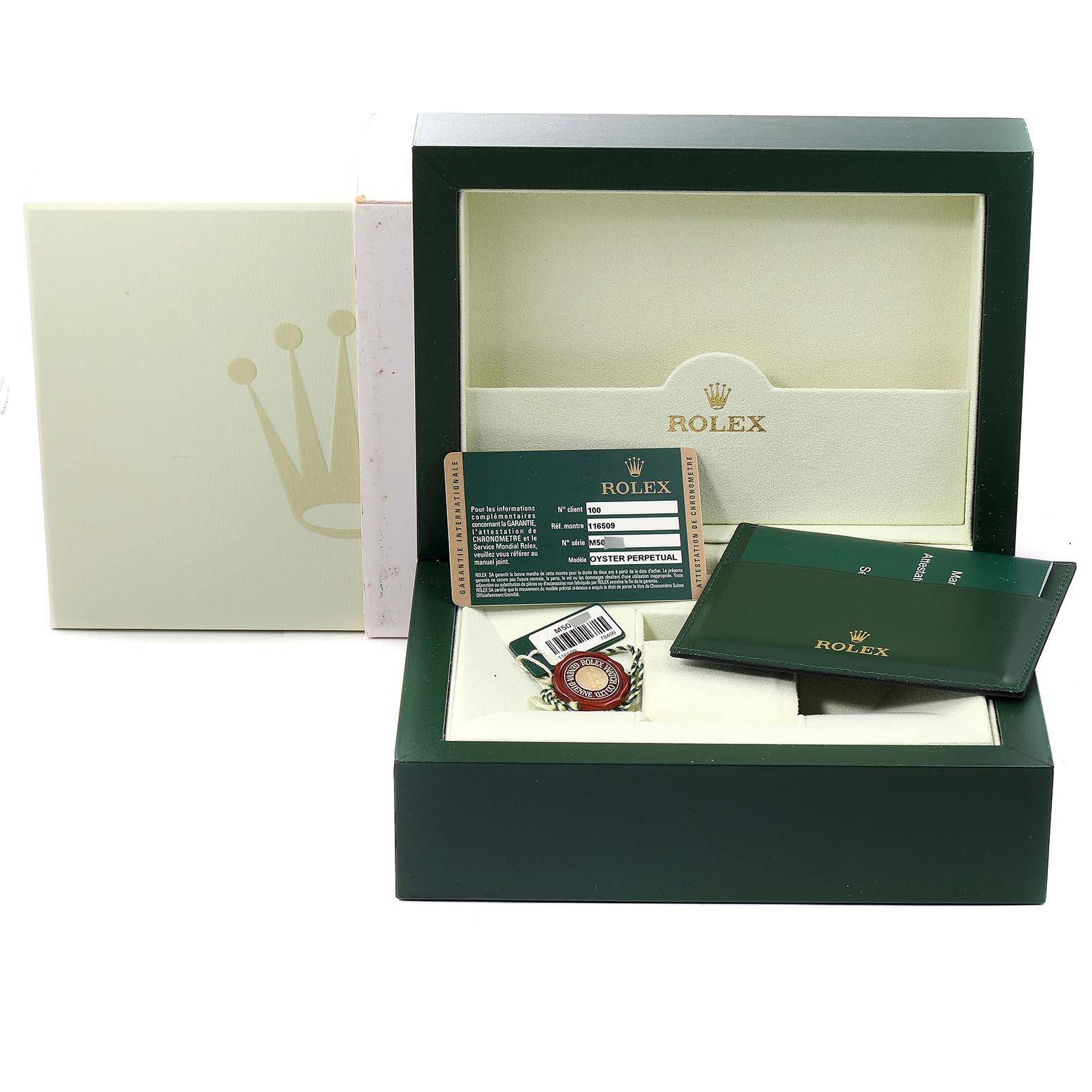 The image shows the packaging, warranty card, booklet, and accessories for a Rolex Daytona 116509 Men's White Gold Black Dial 116509 Men's White Gold Black Dial watch.