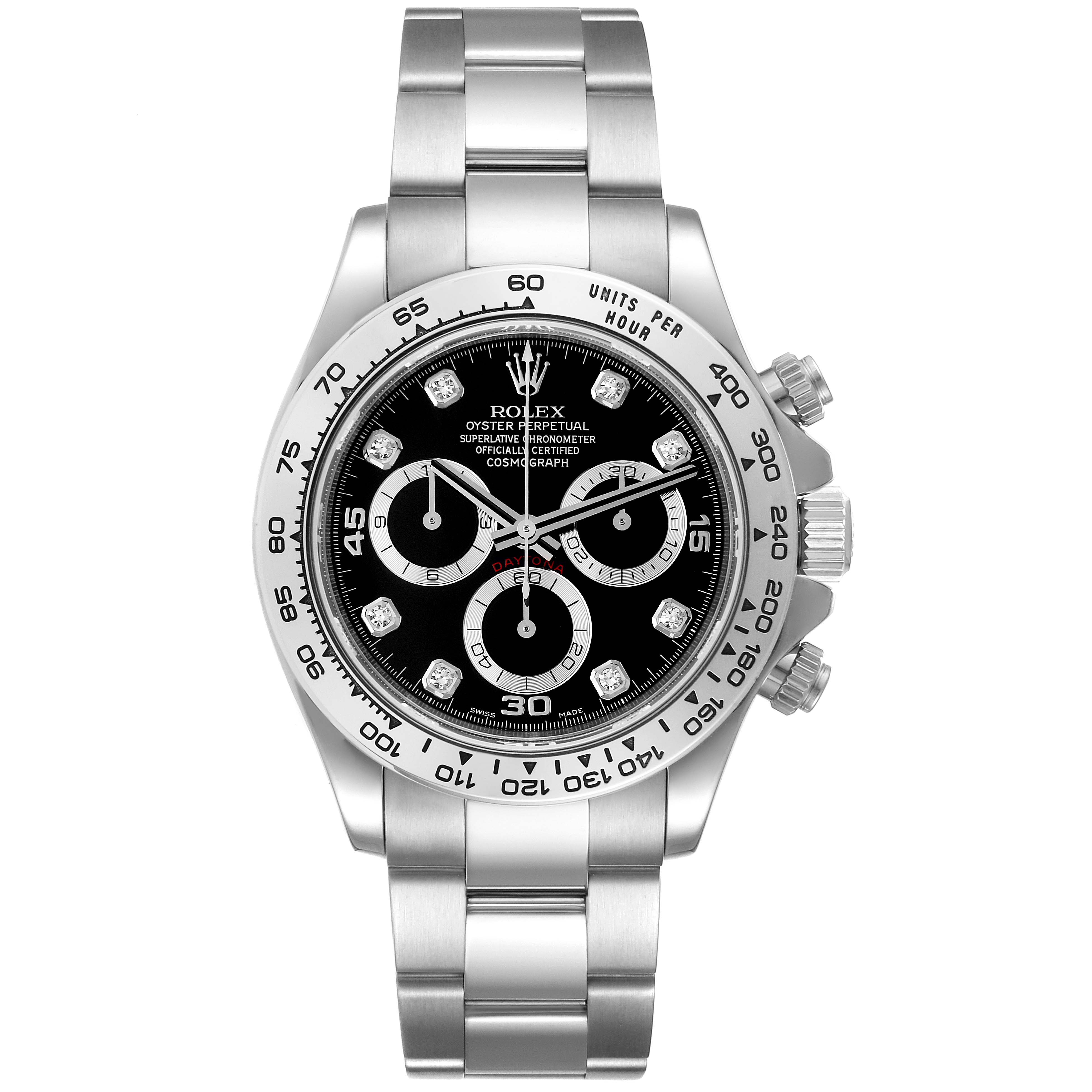 The image shows a frontal view of the Rolex Daytona 116509 Men's White Gold Black Dial 116509 Men's White Gold Black Dial watch, highlighting its dial, bezel, and bracelet.