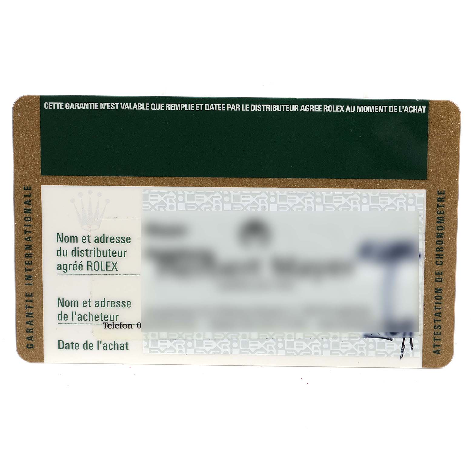 The image shows the warranty card for a Rolex Daytona 116509 Men's White Gold Black Dial 116509 Men's White Gold Black Dial watch.