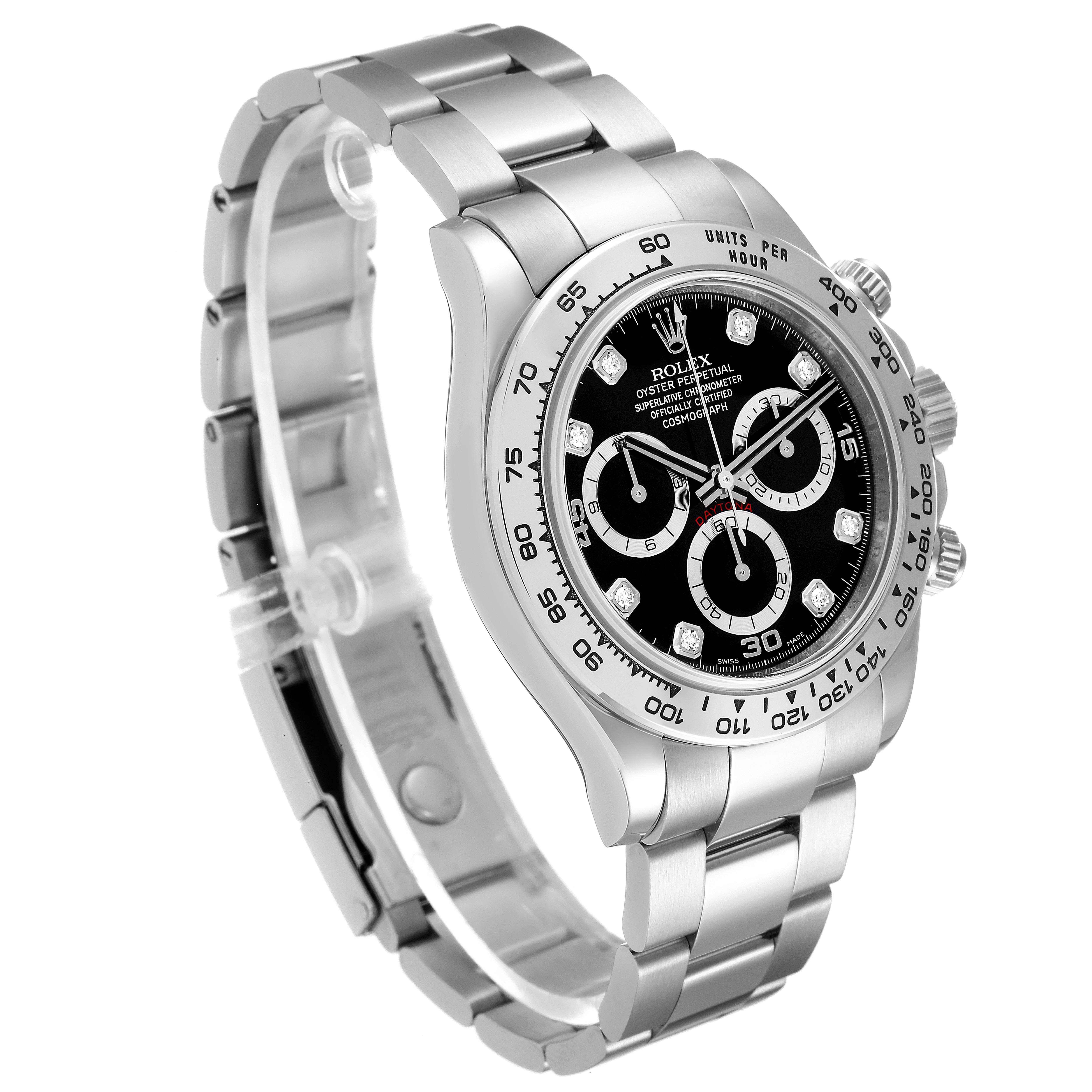 The image shows a Rolex Daytona 116509 Men's White Gold Black Dial 116509 Men's White Gold Black Dial watch at a three-quarter angle, highlighting its stainless steel bracelet and black dial with chronograph features.