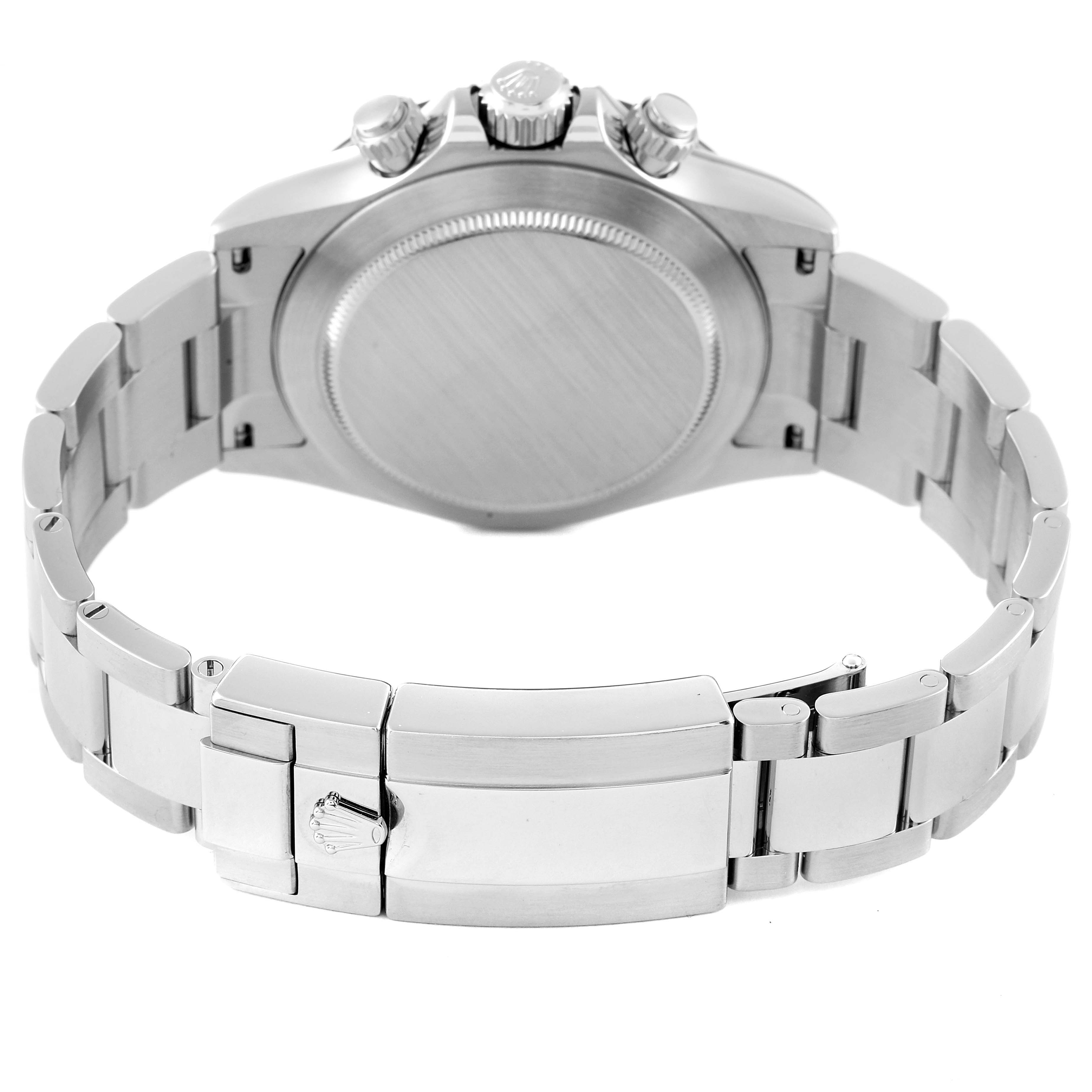 This image shows the back and clasp of the Rolex Daytona 116500 Men's Stainless Steel Black Dial 116500 Men's Stainless Steel Black Dial watch, focusing on the bracelet and case back.