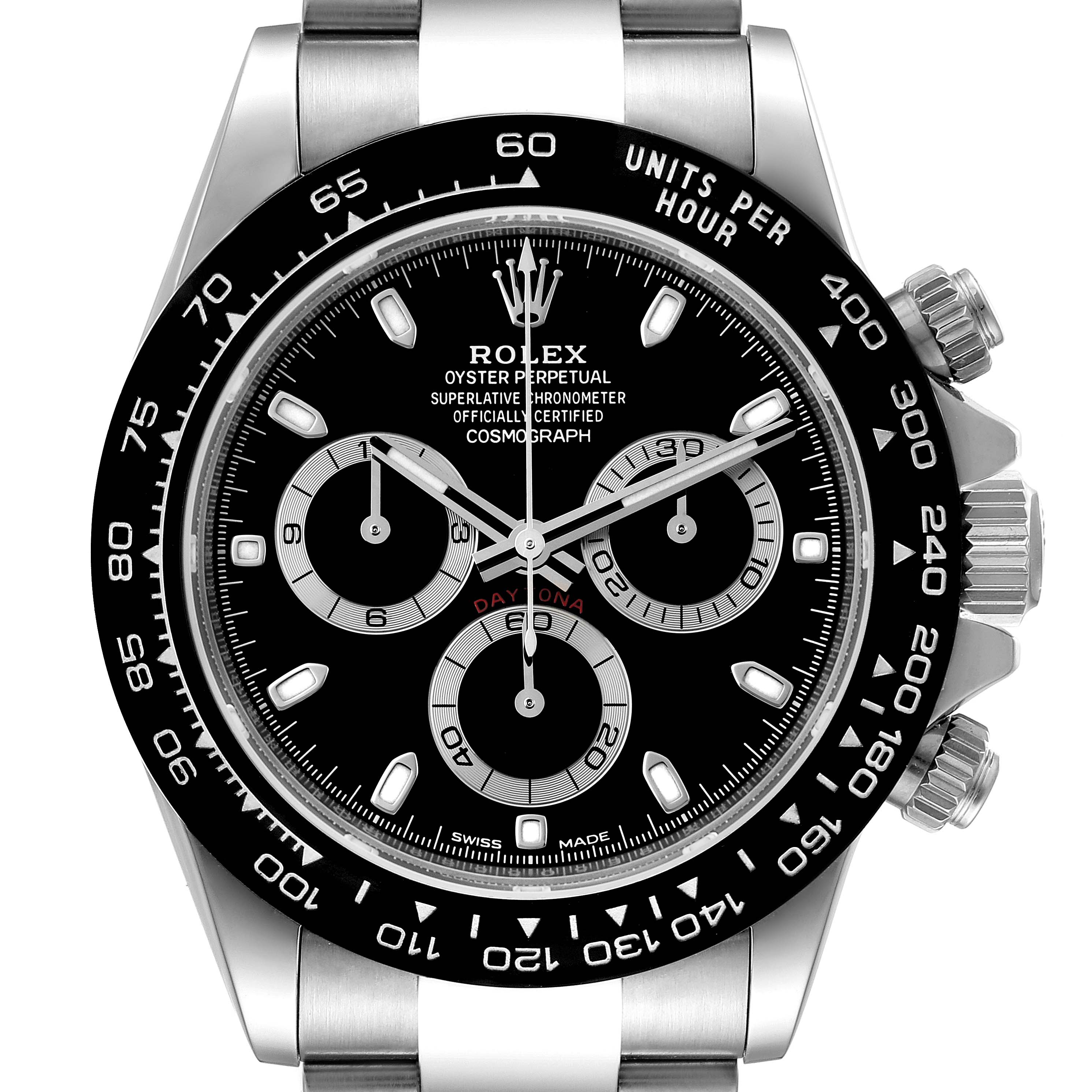 The image shows a frontal view of a Rolex Daytona 116500 Men's Stainless Steel Black Dial 116500 Men's Stainless Steel Black Dial watch featuring the dial, sub-dials, bezel, crown, and pushers.