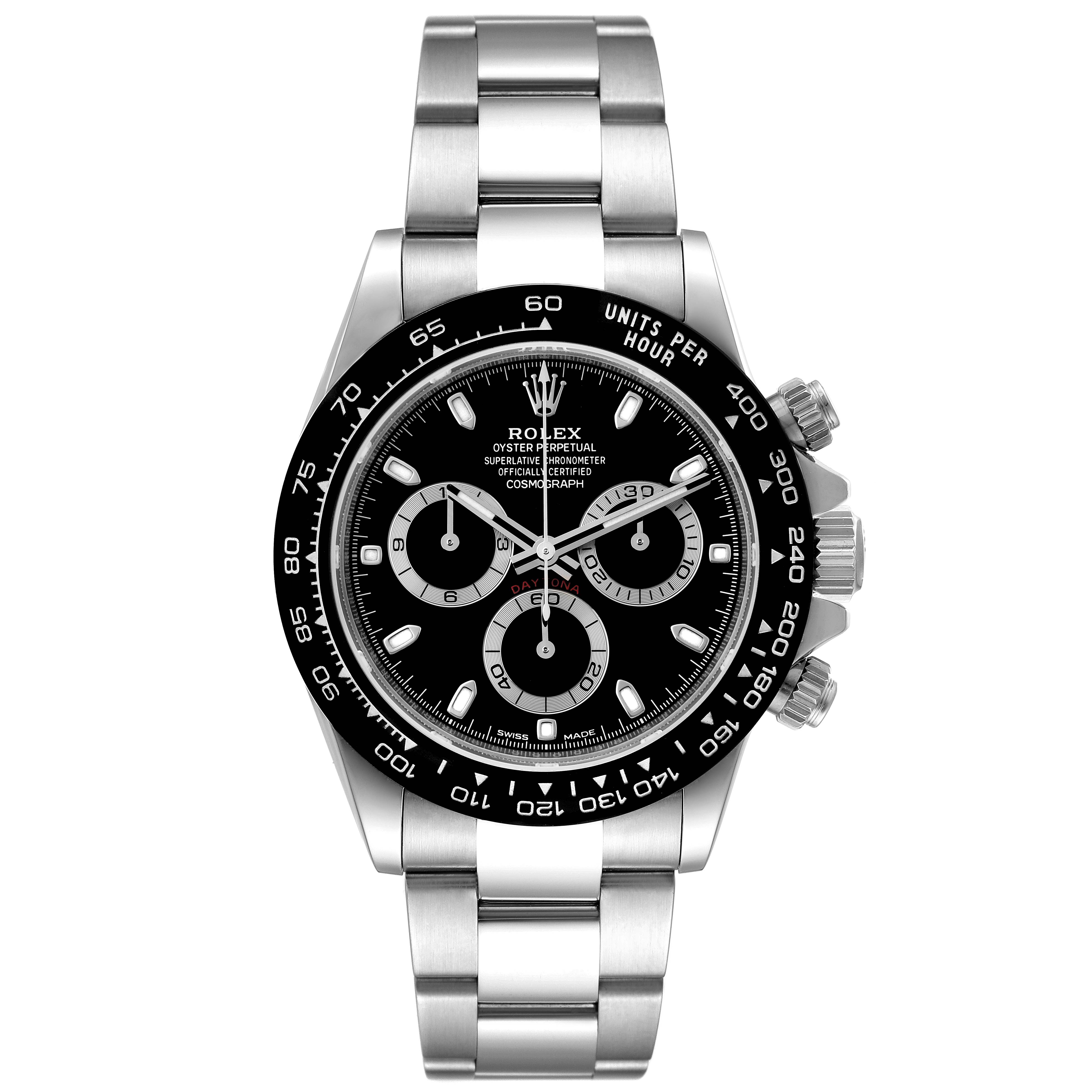 The Rolex Daytona 116500 Men's Stainless Steel Black Dial 116500 Men's Stainless Steel Black Dial watch is shown from a front angle, displaying the face, bezel, and bracelet.