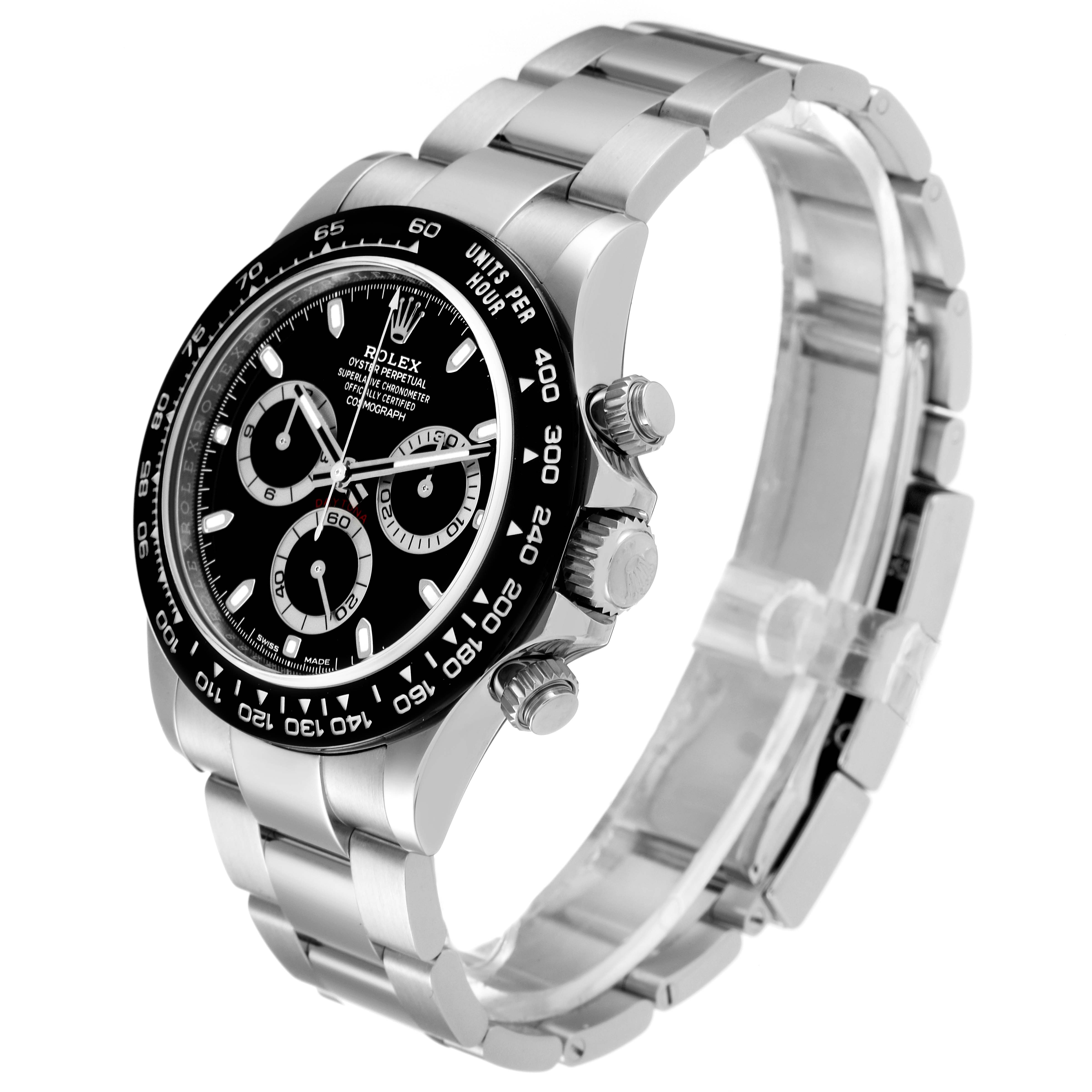 The image shows a Rolex Daytona 116500 Men's Stainless Steel Black Dial 116500 Men's Stainless Steel Black Dial model watch at a three-quarter angle, highlighting the dial, bezel, and bracelet.