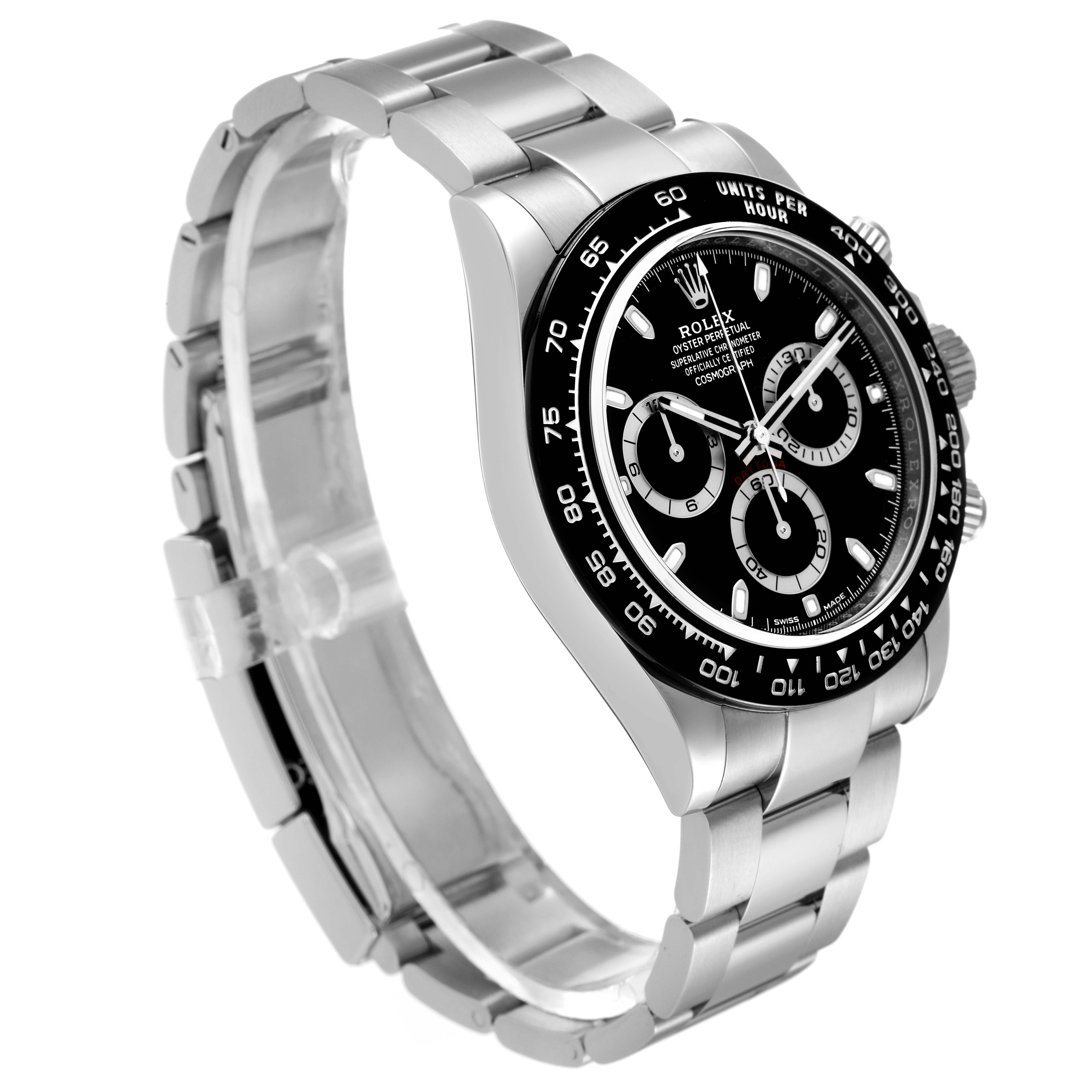 The side angle of the Rolex Daytona 116500 Men's Stainless Steel Black Dial 116500 Men's Stainless Steel Black Dial watch showcases its bracelet, bezel, and dial with the chronograph sub-dials clearly visible.