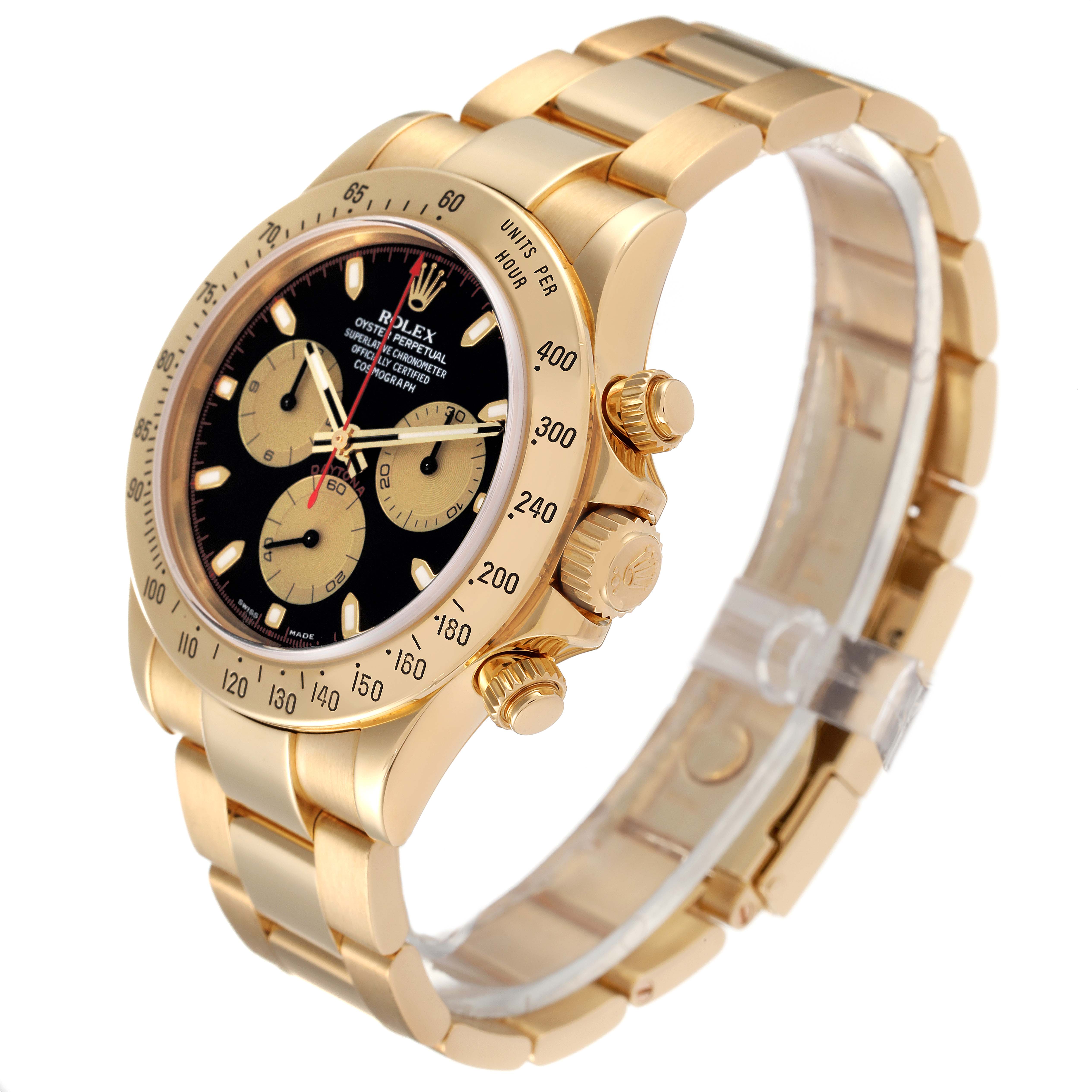 The Rolex Daytona 116528 Men's Yellow Gold Black Dial 116528 Men's Yellow Gold Black Dial model watch is shown at an angle, highlighting its gold case, bezel, black dial, and bracelet.