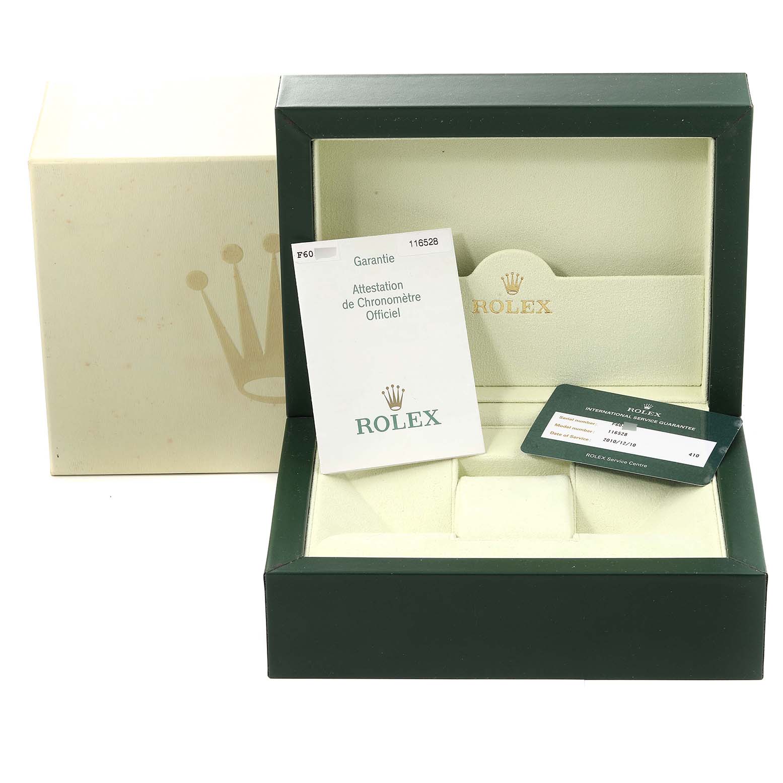 The image displays the packaging and accessories for a Rolex Daytona 116528 Men's Yellow Gold Black Dial 116528 Men's Yellow Gold Black Dial watch, including the box, papers, and warranty card.