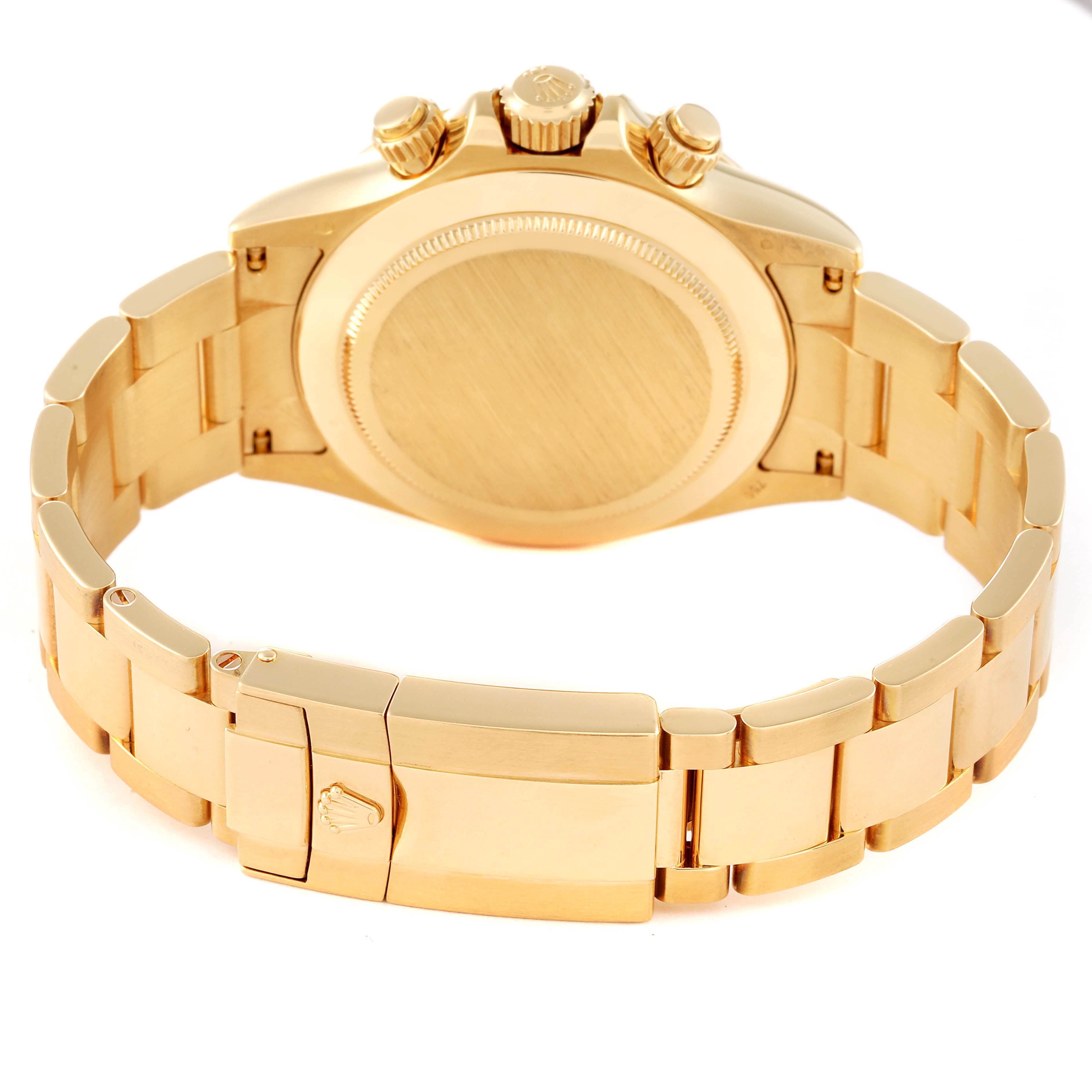 This image shows the backside, bracelet, and clasp of the Rolex Daytona 116528 Men's Yellow Gold Black Dial 116528 Men's Yellow Gold Black Dial watch in a gold finish.