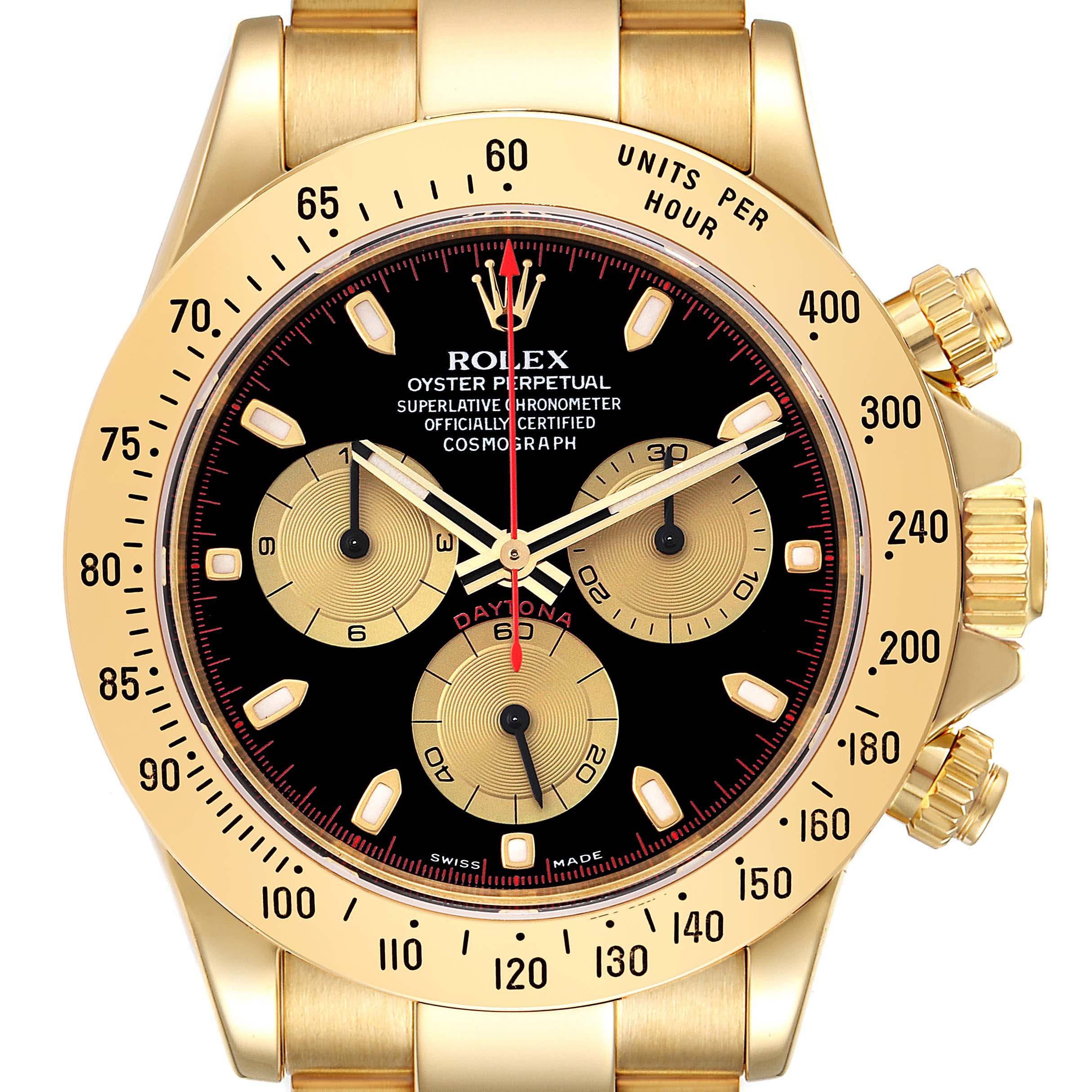 The image shows a front view of the Rolex Daytona 116528 Men's Yellow Gold Black Dial 116528 Men's Yellow Gold Black Dial watch, highlighting its gold case, black dial, and chronograph subdials.
