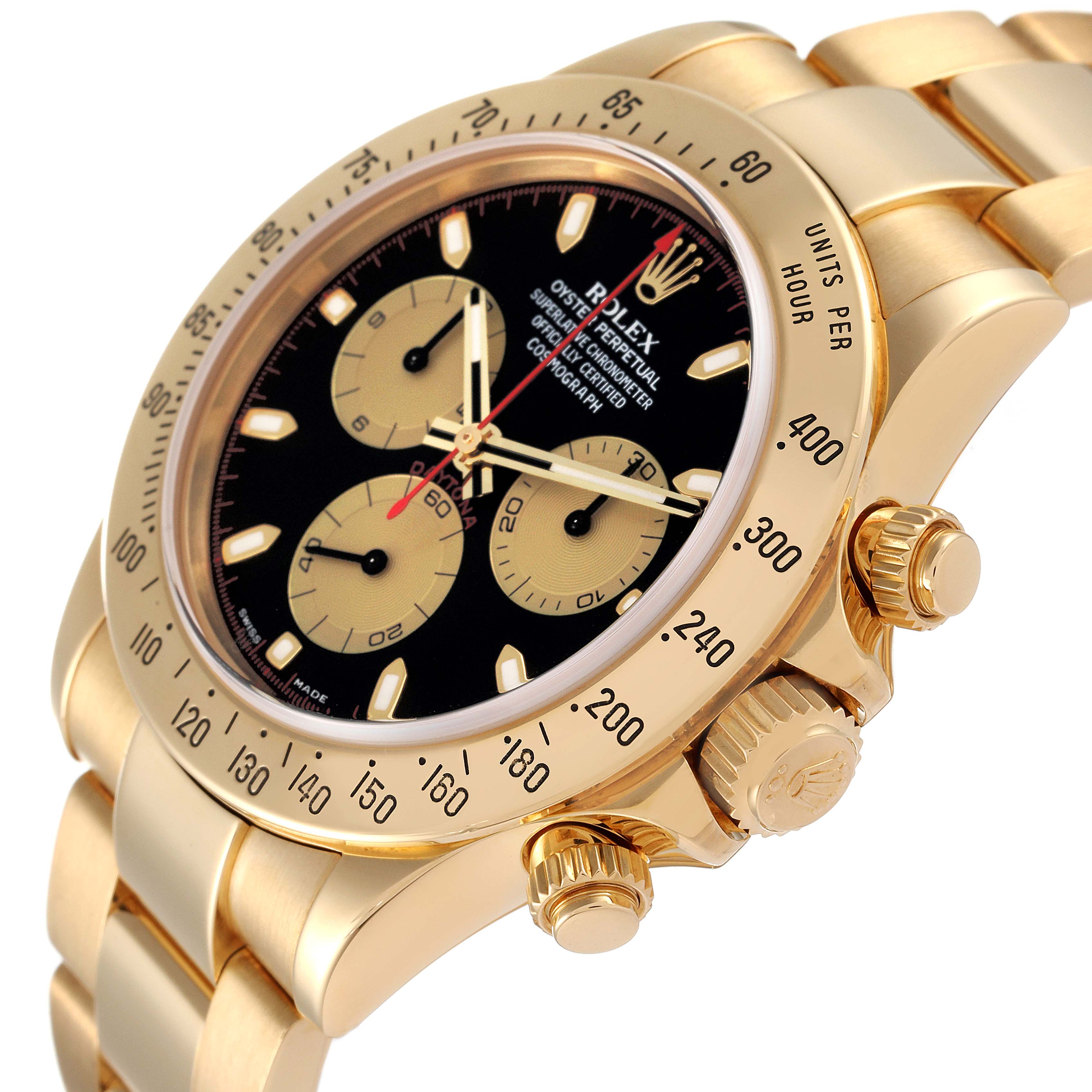 This image shows a close-up side angle of the Rolex Daytona 116528 Men's Yellow Gold Black Dial 116528 Men's Yellow Gold Black Dial watch, highlighting the bezel, crown, and part of the bracelet.