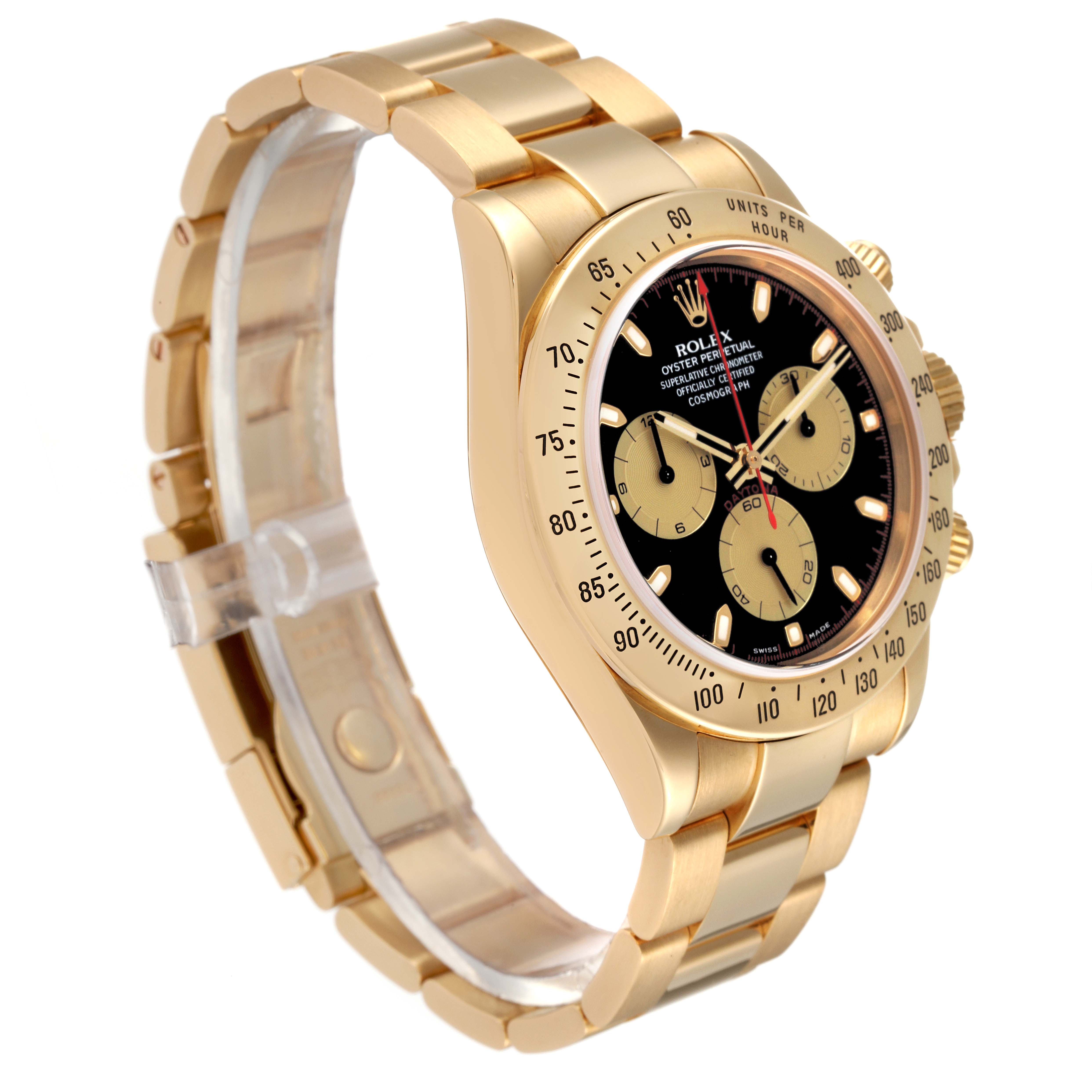 The Rolex Daytona 116528 Men's Yellow Gold Black Dial 116528 Men's Yellow Gold Black Dial watch is shown at a three-quarter angle, highlighting its gold bracelet and black dial with subdials.