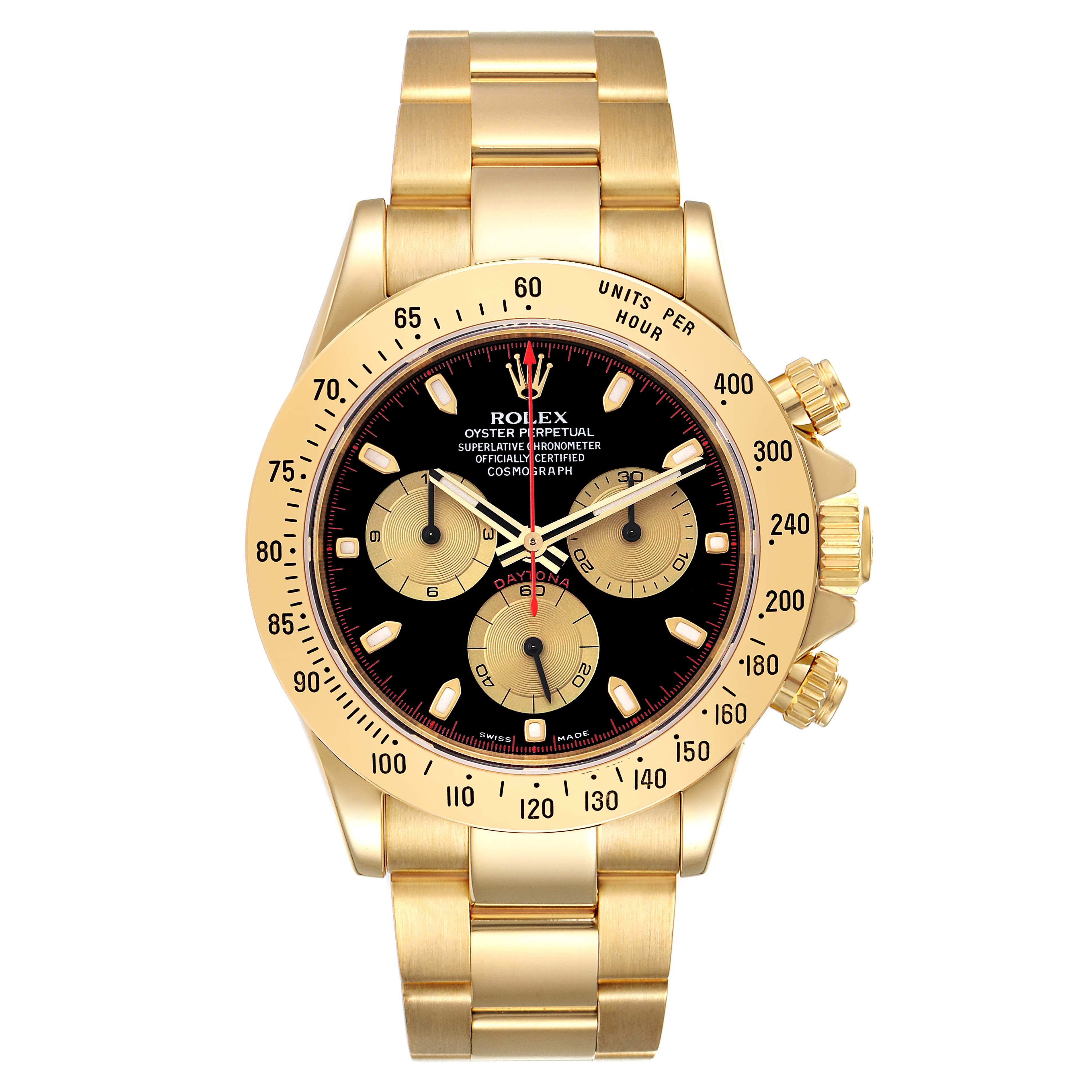This image shows a front view of a Rolex Daytona 116528 Men's Yellow Gold Black Dial 116528 Men's Yellow Gold Black Dial watch, highlighting the black dial, gold subdials, and gold bracelet.
