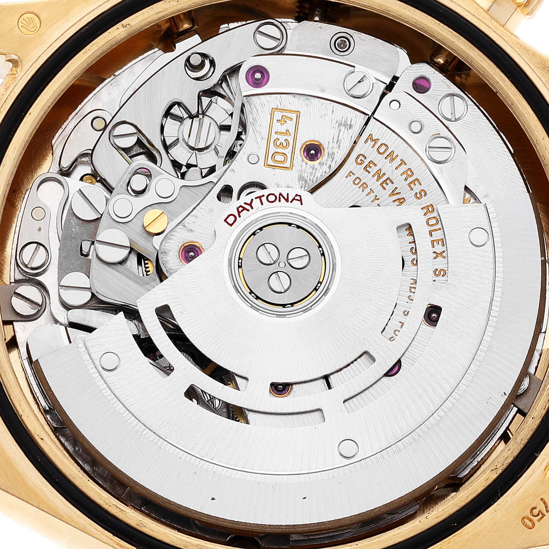 The image shows the internal movement mechanism of a Rolex Daytona 116528 Men's Yellow Gold Black Dial 116528 Men's Yellow Gold Black Dial watch from a top-down angle.