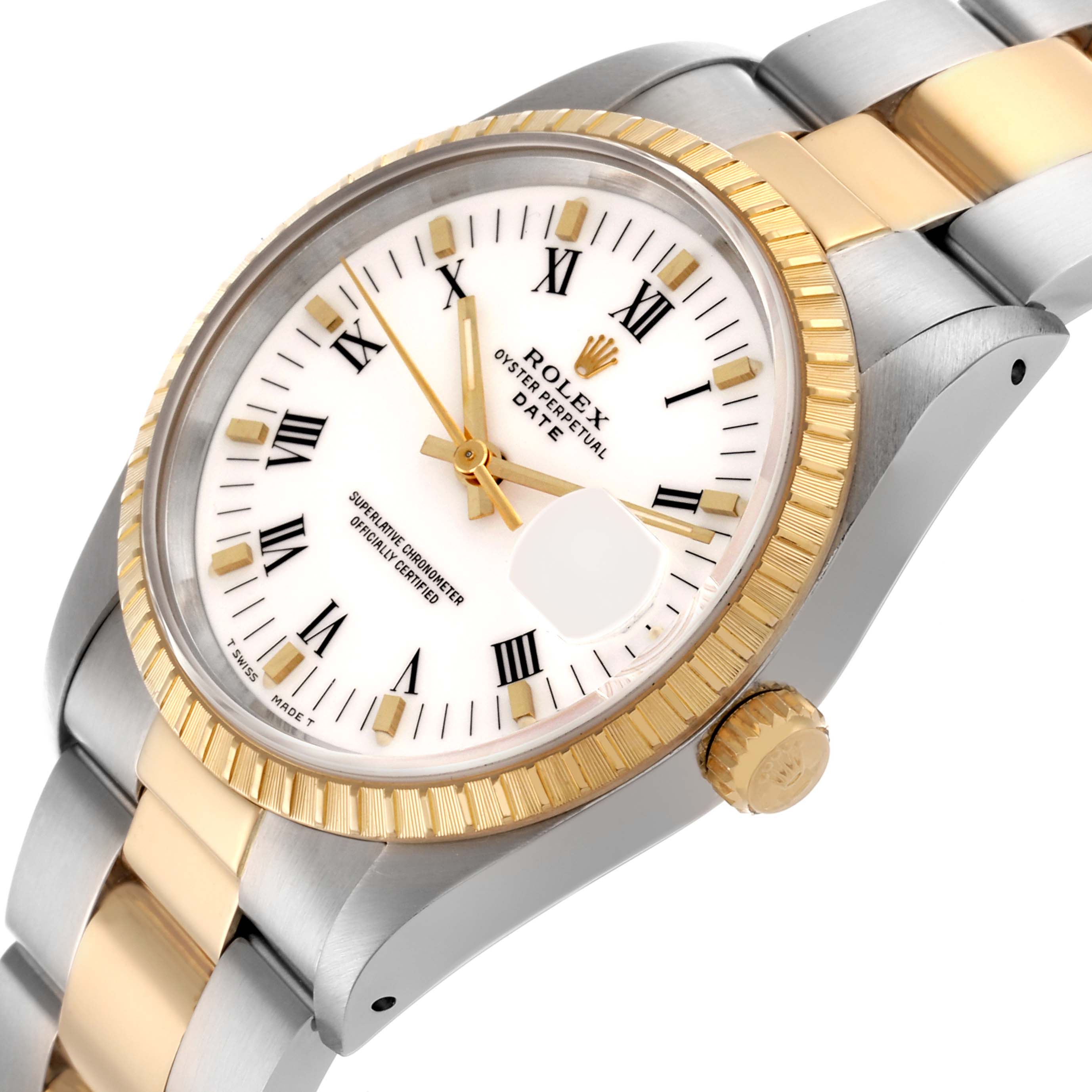 The Rolex Date 15223 Men's Steel and Gold (two tone) White Dial 15223 Men's Steel and Gold (two tone) White Dial watch is shown at an angled top view, displaying its dial, bezel, and part of the bracelet.