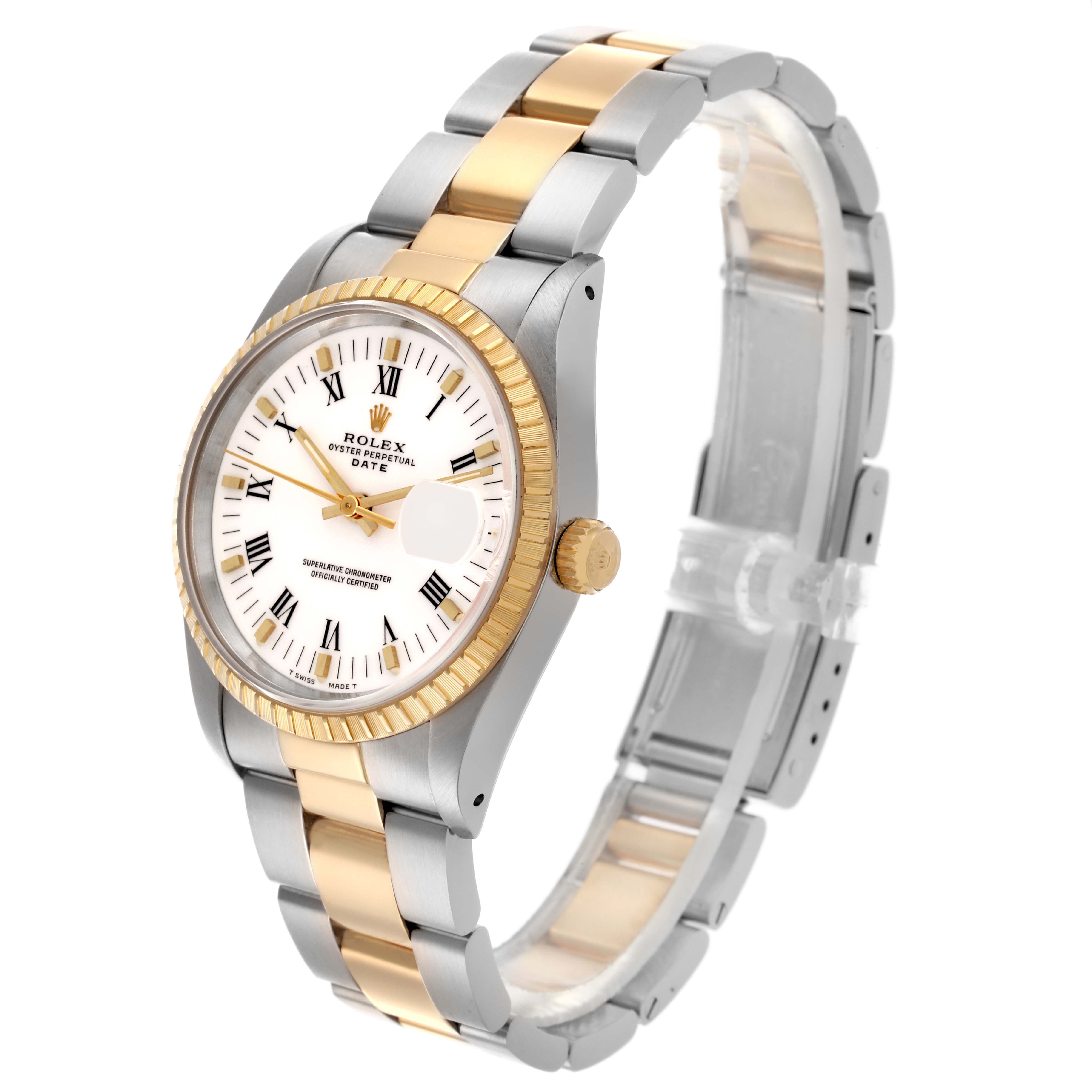 The Rolex Date 15223 Men's Steel and Gold (two tone) White Dial 15223 Men's Steel and Gold (two tone) White Dial watch is shown at a three-quarter angle, highlighting the dial, bezel, crown, and bracelet.